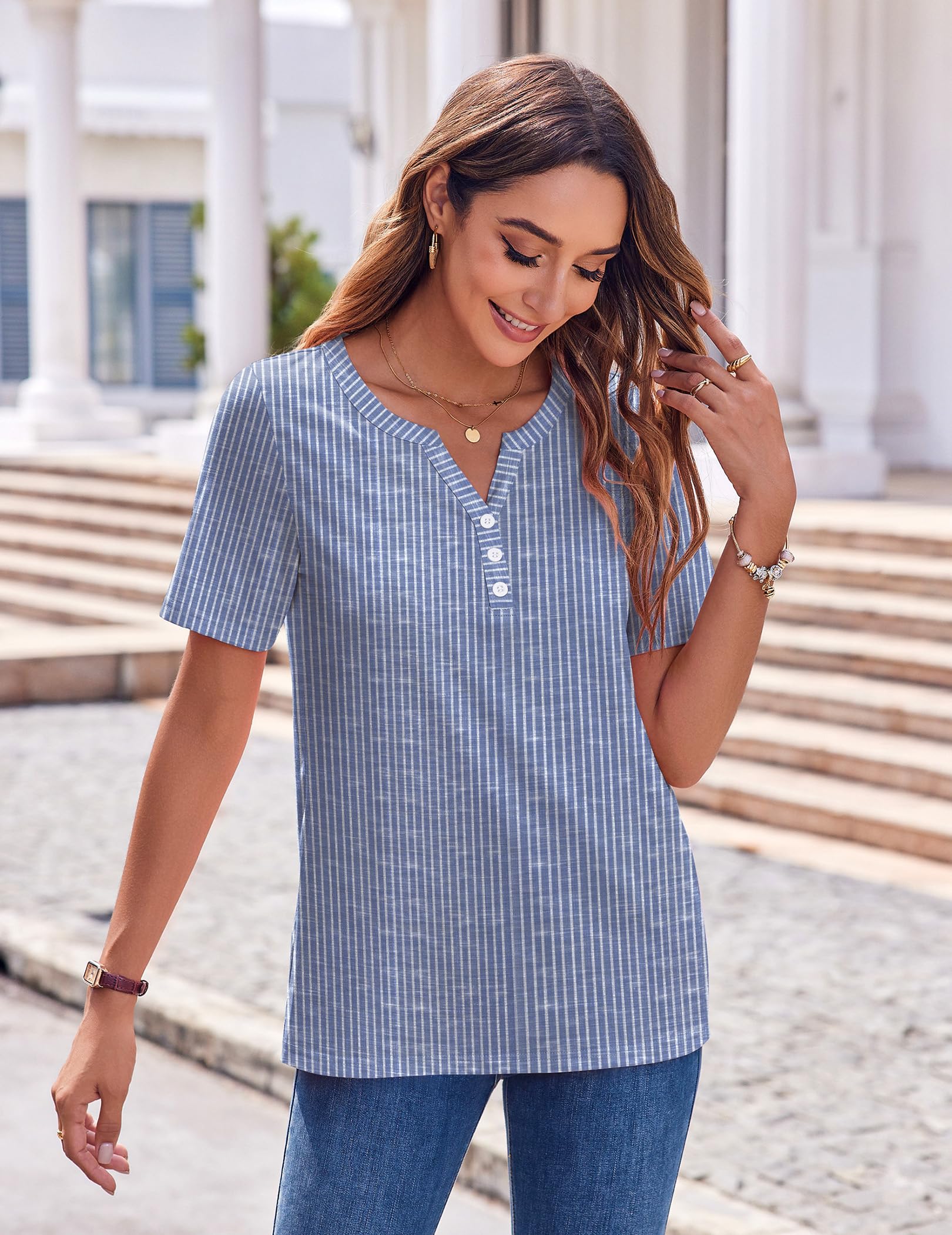 Zeagoo Camisetas Manga Corta Mujer Verano con Cuello V Blusas Moda Casual Túnica Camisa Elegante Basicas T-Shirt Ligero Elástica Tops S-XXL