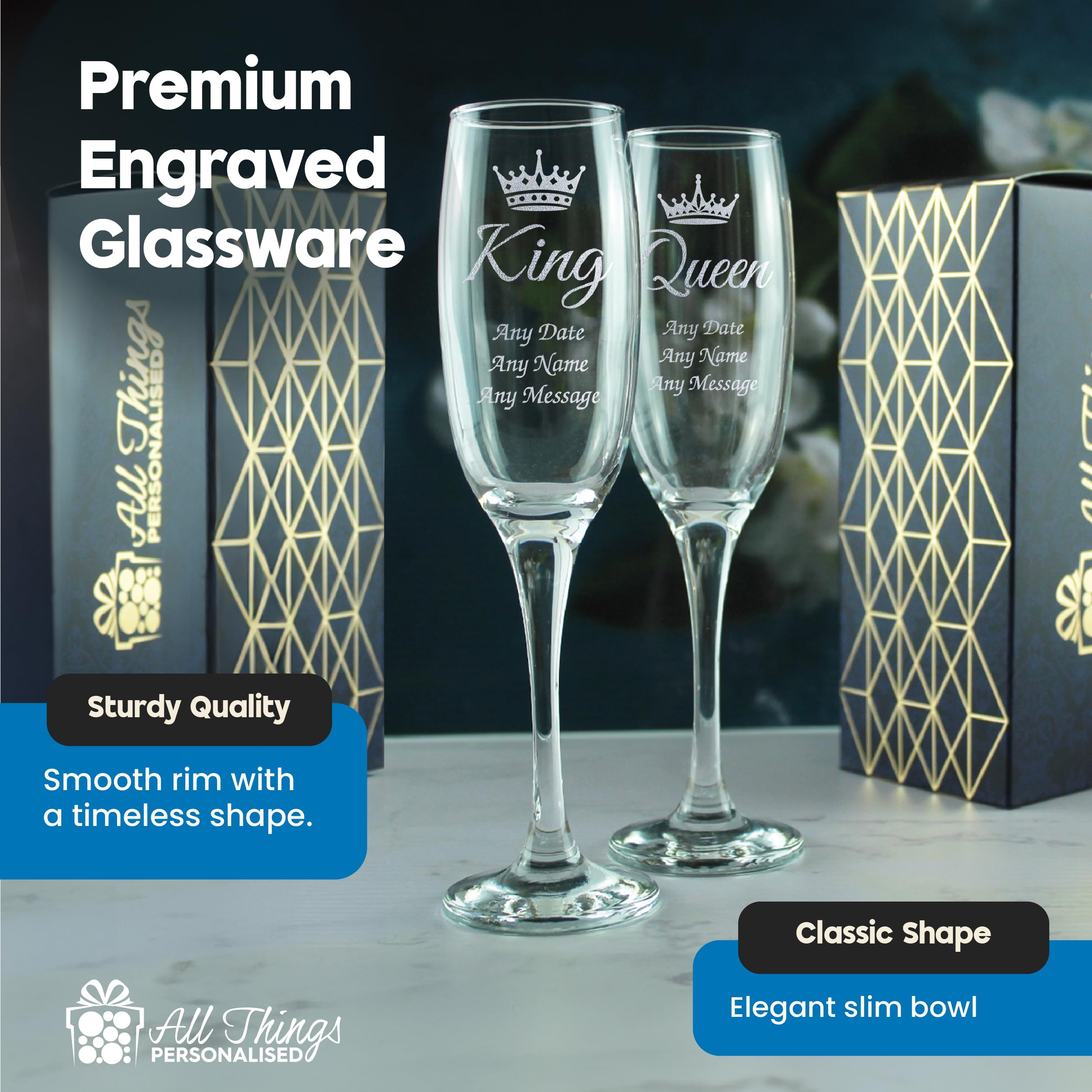 Copas de champán para fiesta de graduación King y Queen, flautas grabadas personalizadas con diseño de corona, regalo de recuerdo de premio de noche de graduación, 210 ml, caja de regalo, juego de dos