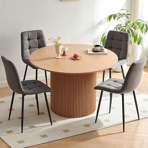 Miniatura 10 de Juego de mesa redonda de 37 pulgadas para 4 personas, juego de mesa de cocina moderno, mesa de comedor de madera sintética con sillas de comedor que