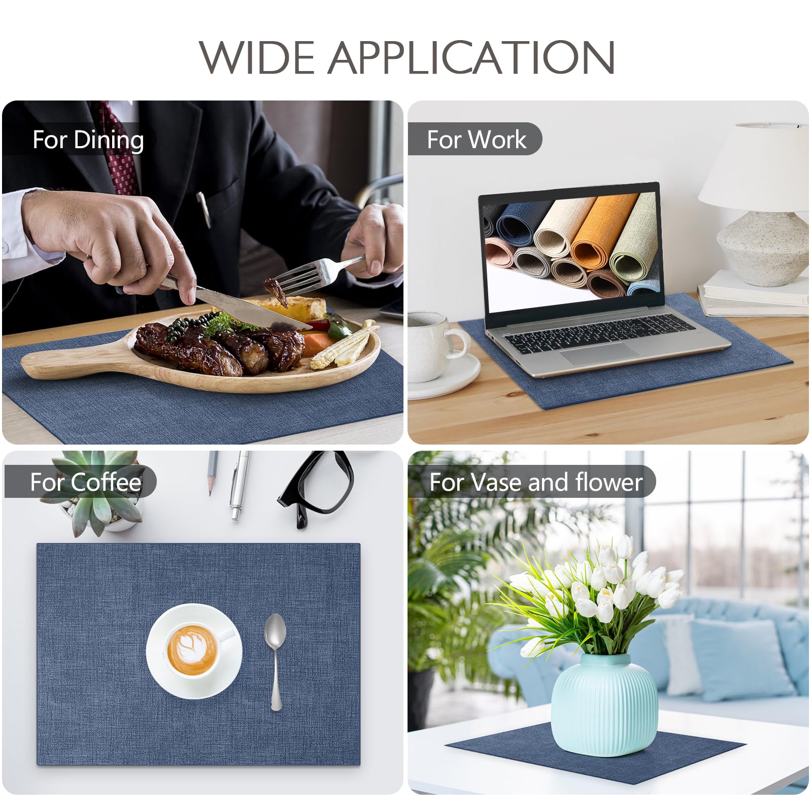 Set di 6 tovagliette in ecopelle lavabili in poliuretano per tavolo da cucina, resistenti al calore, impermeabili, facili da pulire, antiscivolo, 30 x 43 cm (blu scuro, 6 pezzi)
