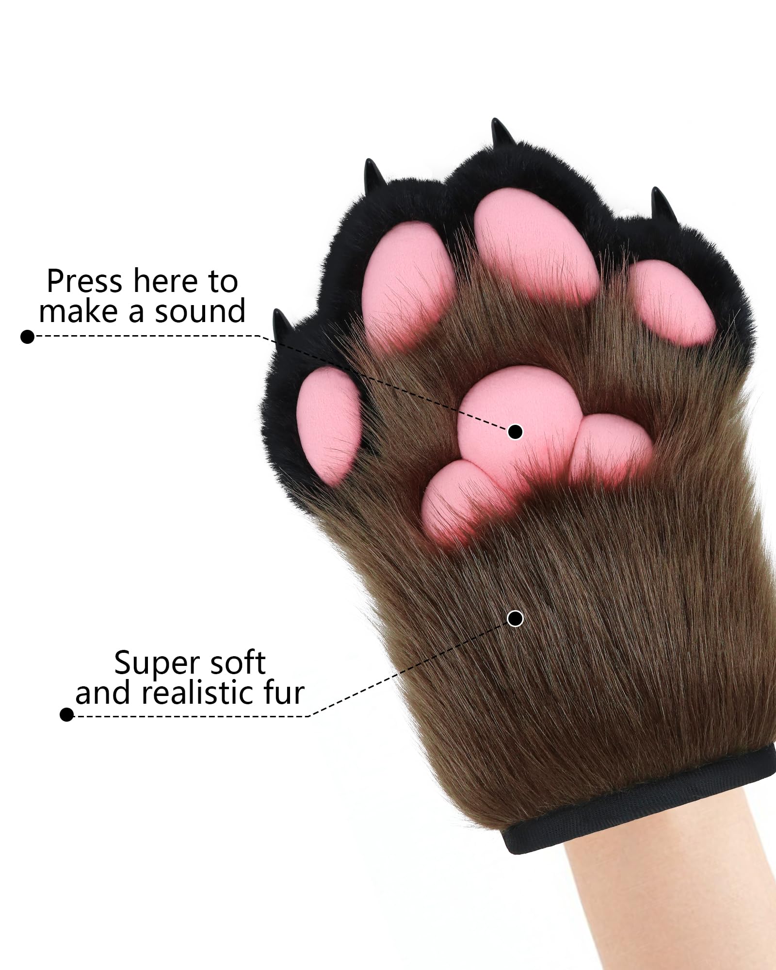 BNLIDES Cosplay Fursuit Paw Gloves Fur Claw Gloves Built-in Whistle Decompression Toy Costume Party Accessories for Adults Coffee-Black - Image 3