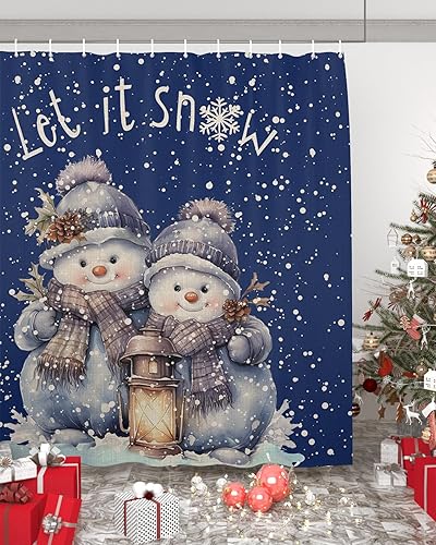 Cortina de ducha de Navidad de muñeco de nieve azul marino, conos de pino de Navidad, cortinas de ducha botánicas para bañobañera, juego de cortina