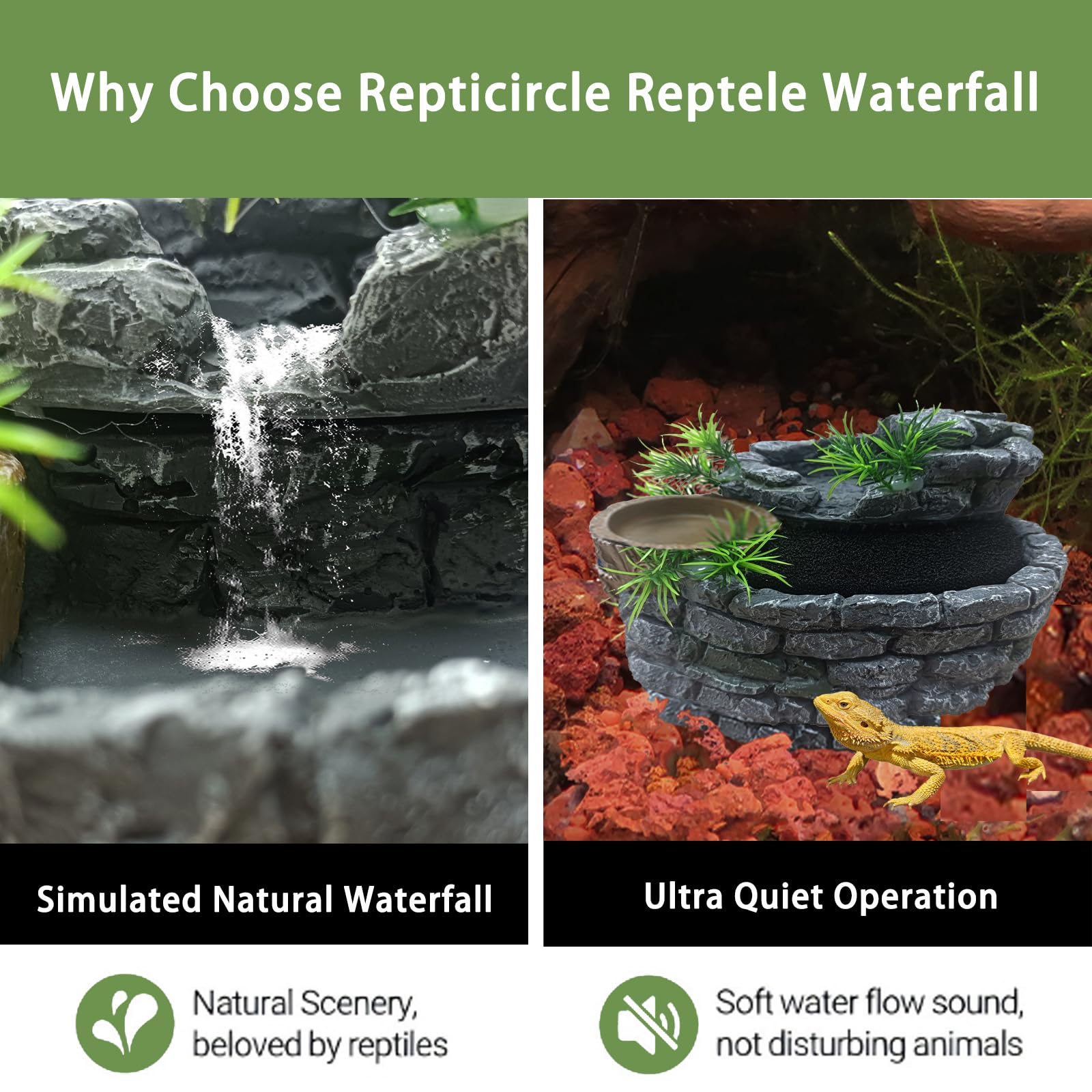 Fuente de agua para reptiles de 550 ml con plato de comida, fuente de terrario para dragón barbudo, geco, camaleón, lagarto, rana de árbol y tortuga, mantiene el agua limpia, dispensador