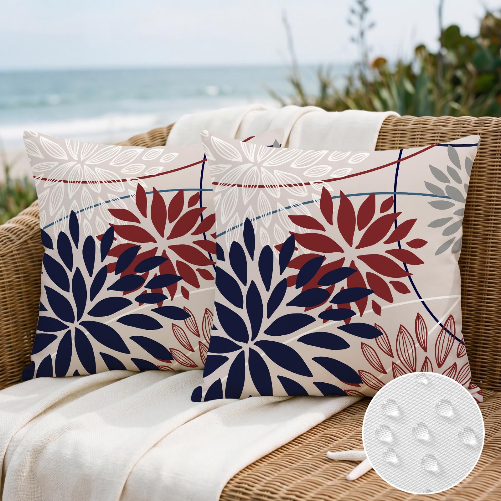 Artscope Outdoor Waterproof Blue Red Cushion Covers Geometric 50x50cm Set of 2 White Gray Dahlia Floral Pillowcases Outdoor Flowers Pillow Covers for Patio Garden Bench Sofa Farmhouse Decor