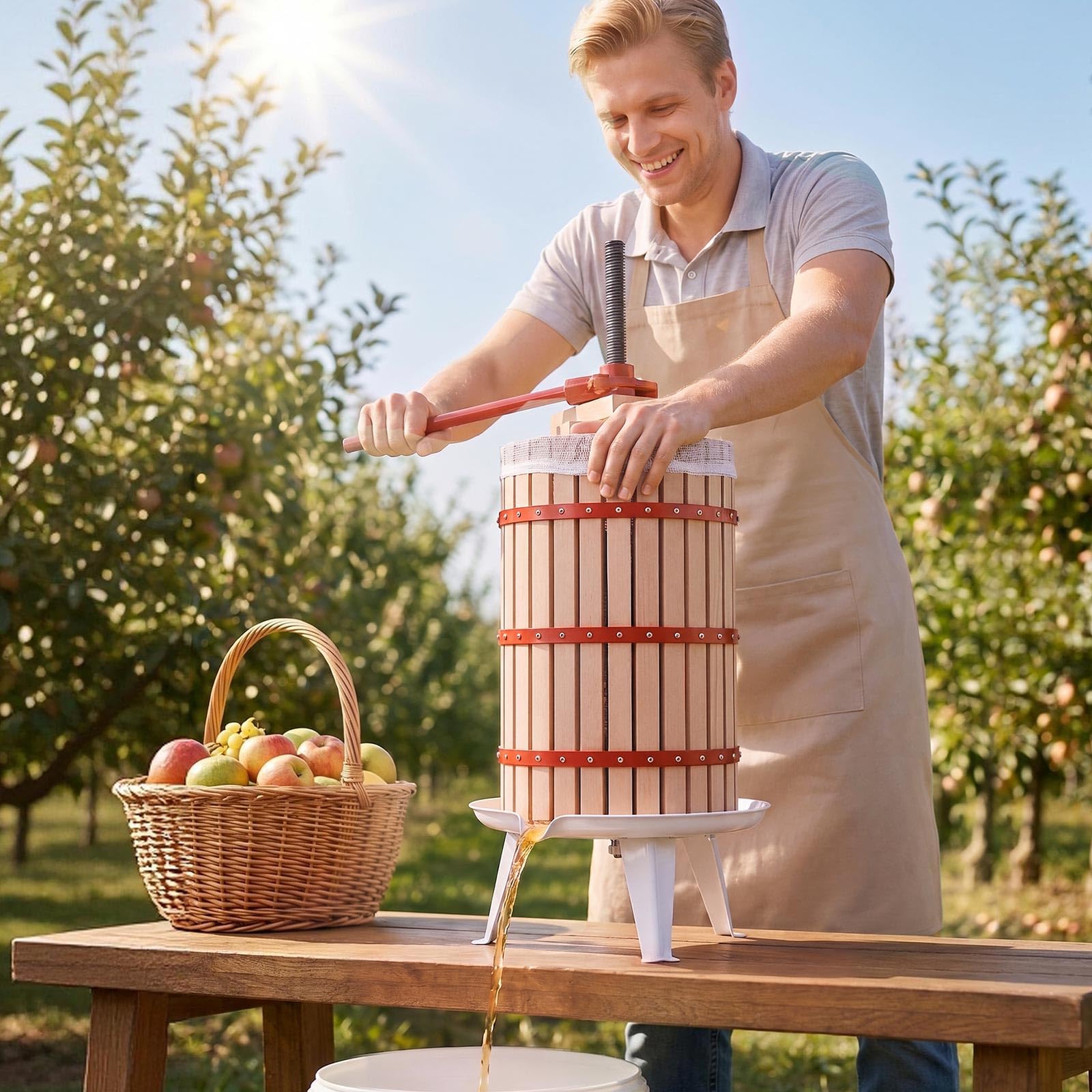 VEVOR Pressa Manuale Premitutto per Vino, Torchietto Manuale in Legno 30 Litri per Succhi Frutta Mele Uva Arance Verdure, Cestello in Legno Massello di Faggio, Pressa con 2 Sacchetti di Filtro