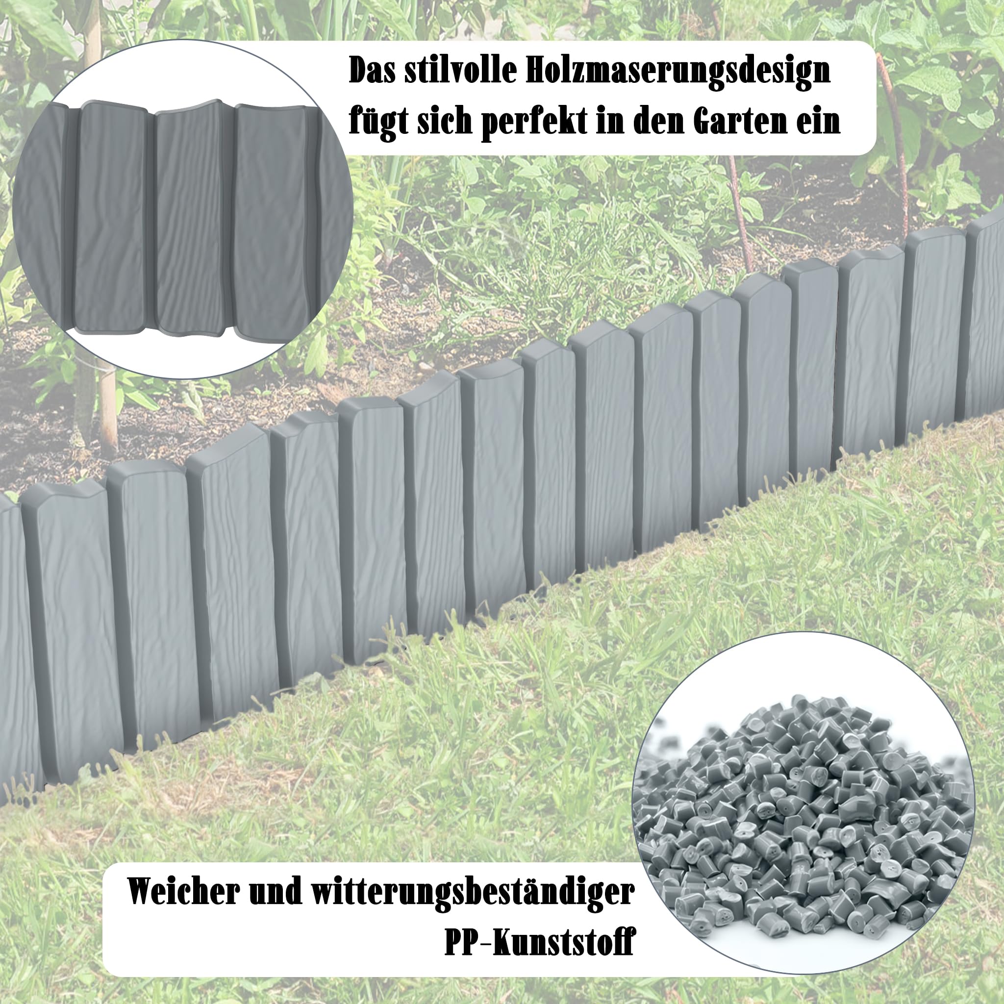 FIVMEN Rasenkante Kunststoff 4,6 m Holzoptik Beeteinfassung Beetumrandung mit 10 cm Stifte Holzmaserung imitiert Mähkante Palisade Gartenzaun für Garten, Braun