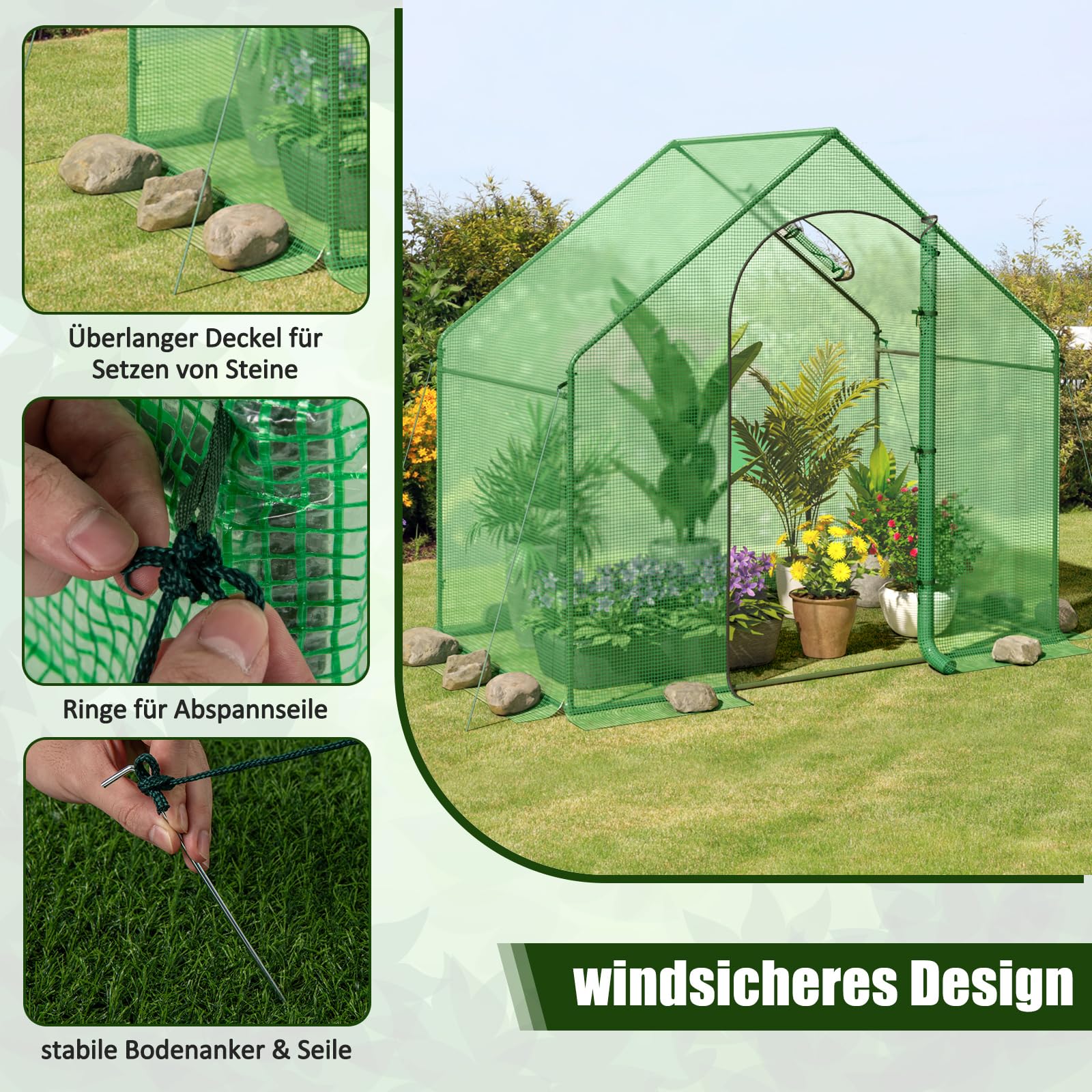 RELAX4LIFE Gewächshaus, Foliengewächshaus Winterfest mit PE-Abdeckung und Fenster, Überwinterungszelt für Pflanzen, Tomatengewächshaus für Pflanzen, Gemüse, Blumen, 179 x 100 x 167 cm, Grün