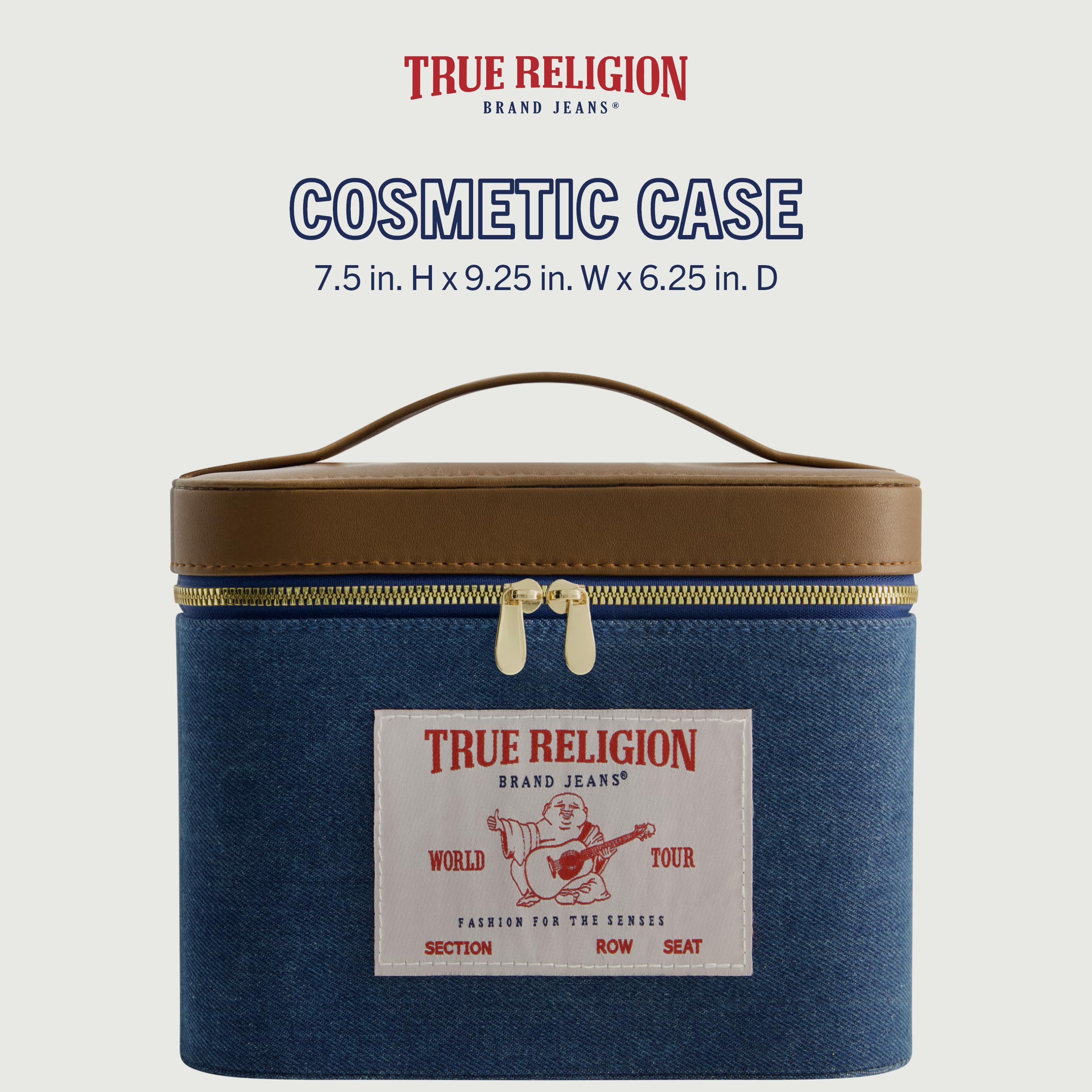 True Religion Beauty case da donna, grande organizer da viaggio con specchio, denim