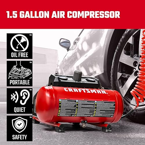 Miniatura 5 de Craftsman Compresor de aire, 1.5 galones 3/4 HP Max 135 PSI Presión, 1.5 CFM@90psi y 2.2 CFM@40psi, compresor portátil sin mantenimiento de acero