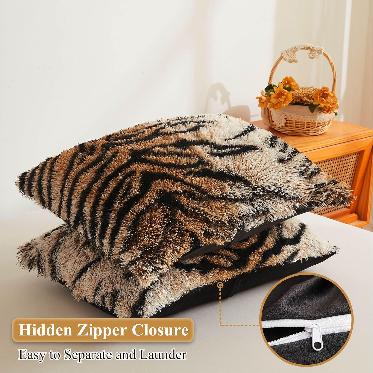 XeGe Tiger Print Faux Fur Fluffy Pillowcases, Plush Shaggy Soft Long Pillow Covers, Fuzzy Decorative Pillow Cases, Furry Pillow Shams for Bed Couch Zipper Closure, 2 Pack(Standard, Tiger Print Brown) - Image 3