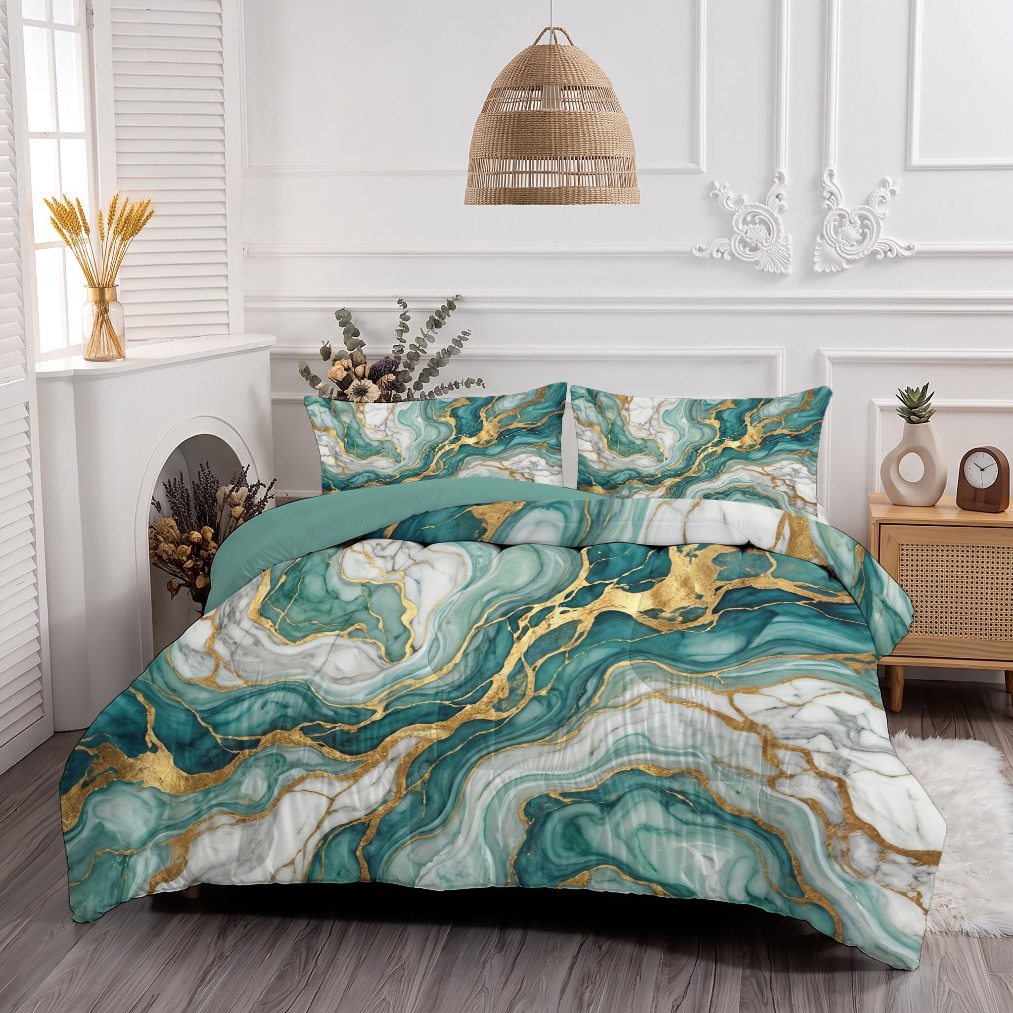 Vergoldet Marmor Bettdecke 140×200 cm | 4 Jahreszeiten Blattgold Crack Steppdecke mit 1 Kissenbezug 80x80cm, Waschbar Ganzjahresdecke - Grün Gold