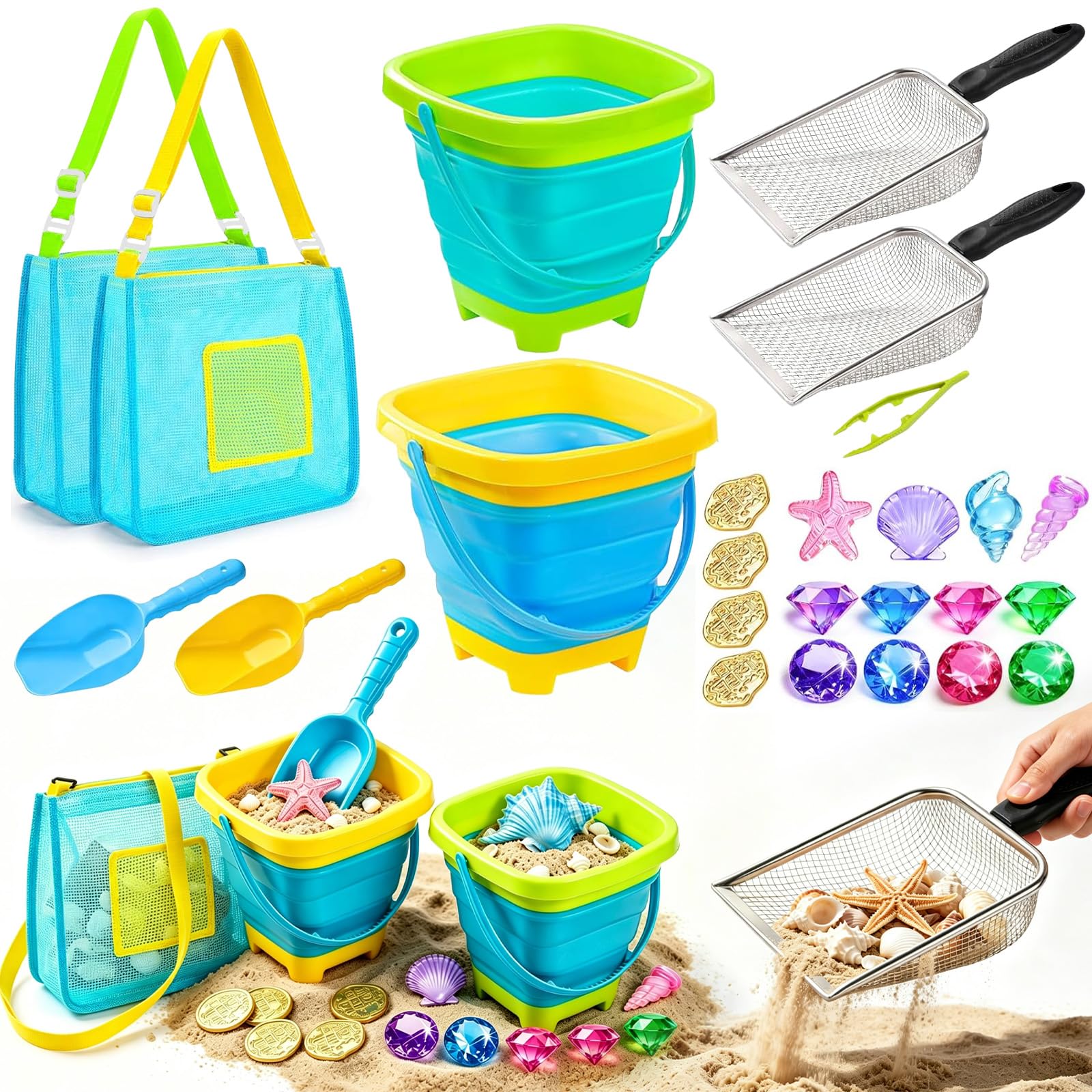 Komicea Sandspielzeug Set, Strandspielzeug für Kinder ab 1 2 3 4 5 Jahre, 25 PCS Sandkasten Spielzeug mit 2 Sandschaufel, Faltbarer Eimer, Sandsieb, Netzbeutel, Edelsteinen, Für Jungen Mädchen