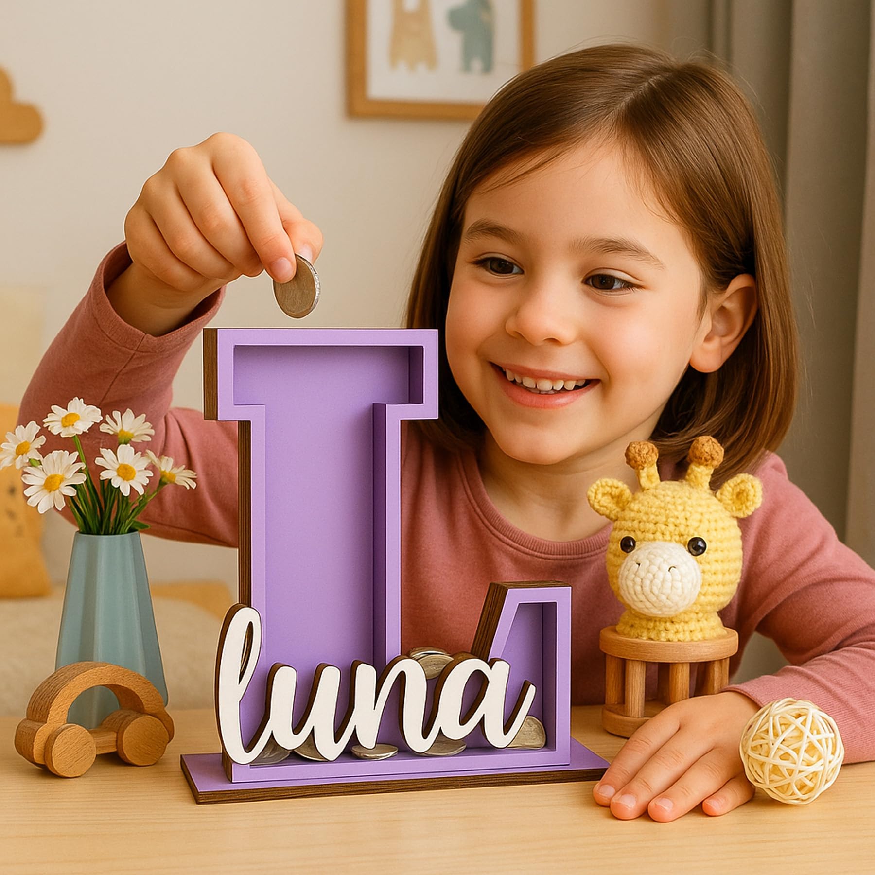 Personalisiertes Sparschwein für Kinder mit individuellem Namen – Große 25,4 cm oder 17,8 cm Holzbuchstaben Initiale Spardose – einzigartiges Geburtstagsgeschenk für Jungen und Mädchen (wählen Sie 26