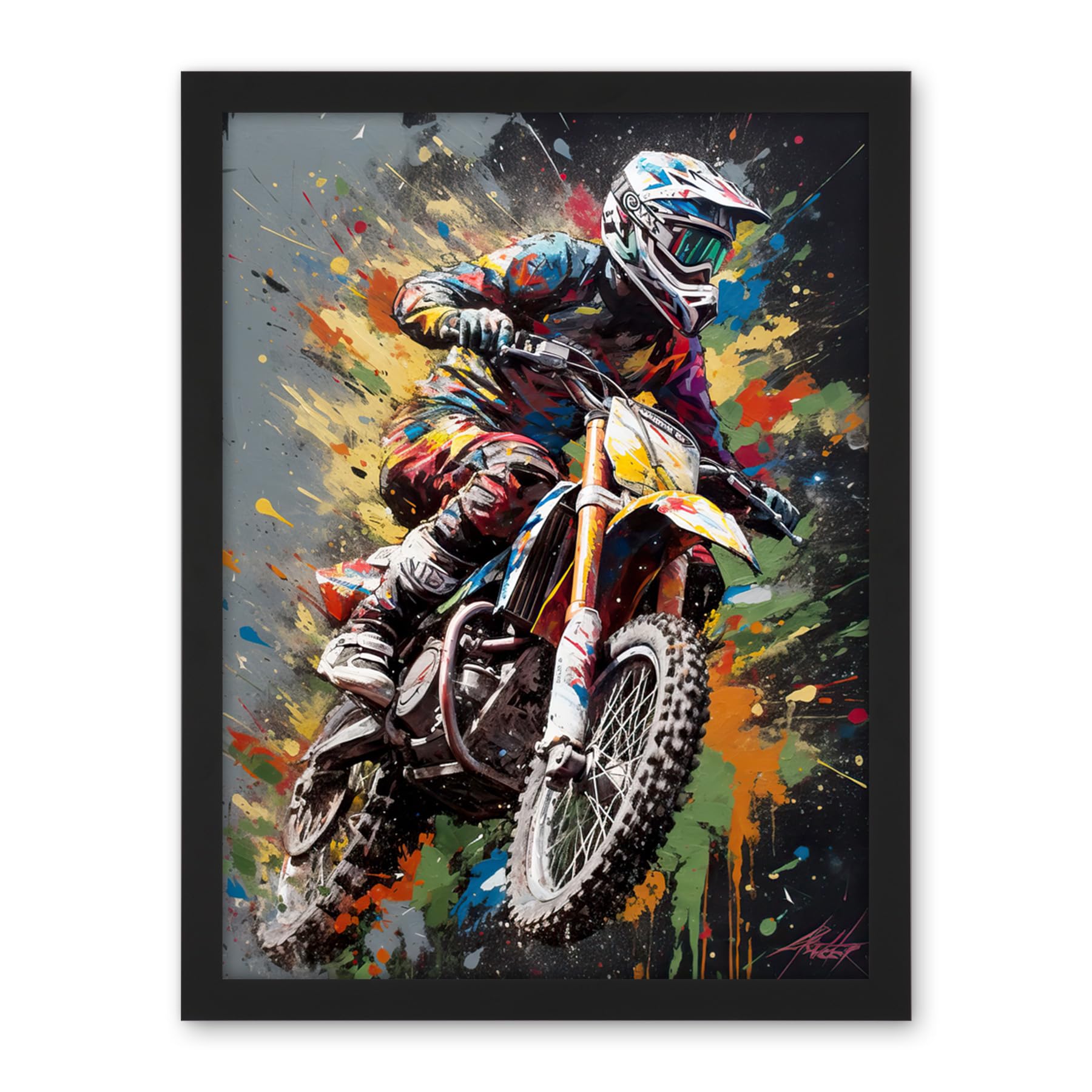 Artery8 Dirt Bike Sport Splatter Paint Motocross Rider Artwork Framed Wall Art Print 18X24 Inch