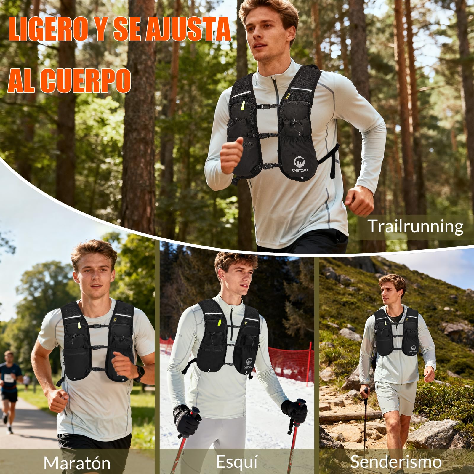 Chaleco Running Hombre Mujer, Running Vest, Ligero Chaleco para Correr, Mochila Hidratacion Trail Bolsilloso con Bolsa Agua 2L o Botella 500ml, Silbato y Reflectante para Ciclismo Senderismo