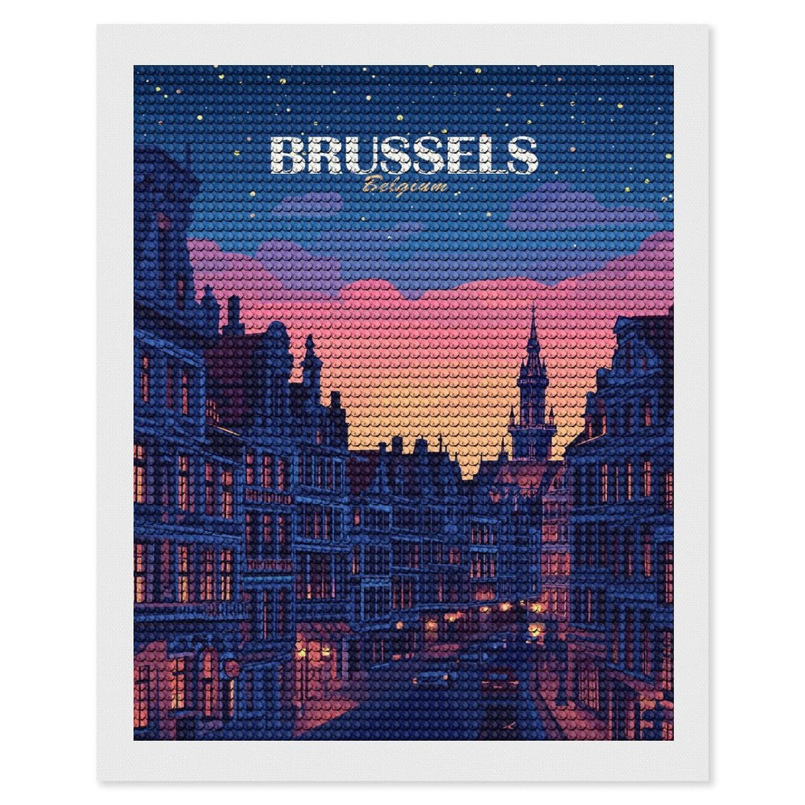Junmoney Brussels Belgium Cityscape at Dusk Round Drill Diamond Painting 16"x20", Handmade Wall Decor, Modern Decor, Aesthetic Room Decor, Easy Craft Set