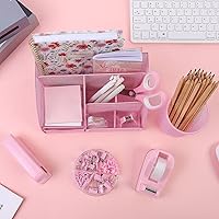 Vista 5 de SKYDUE Pink Desk Accessories, Pink Office Supplies Set, Mesh Desk Organizer, Stapler, Tape Dispenser, Scissors, Binder/Paper Clips and 1000pcs