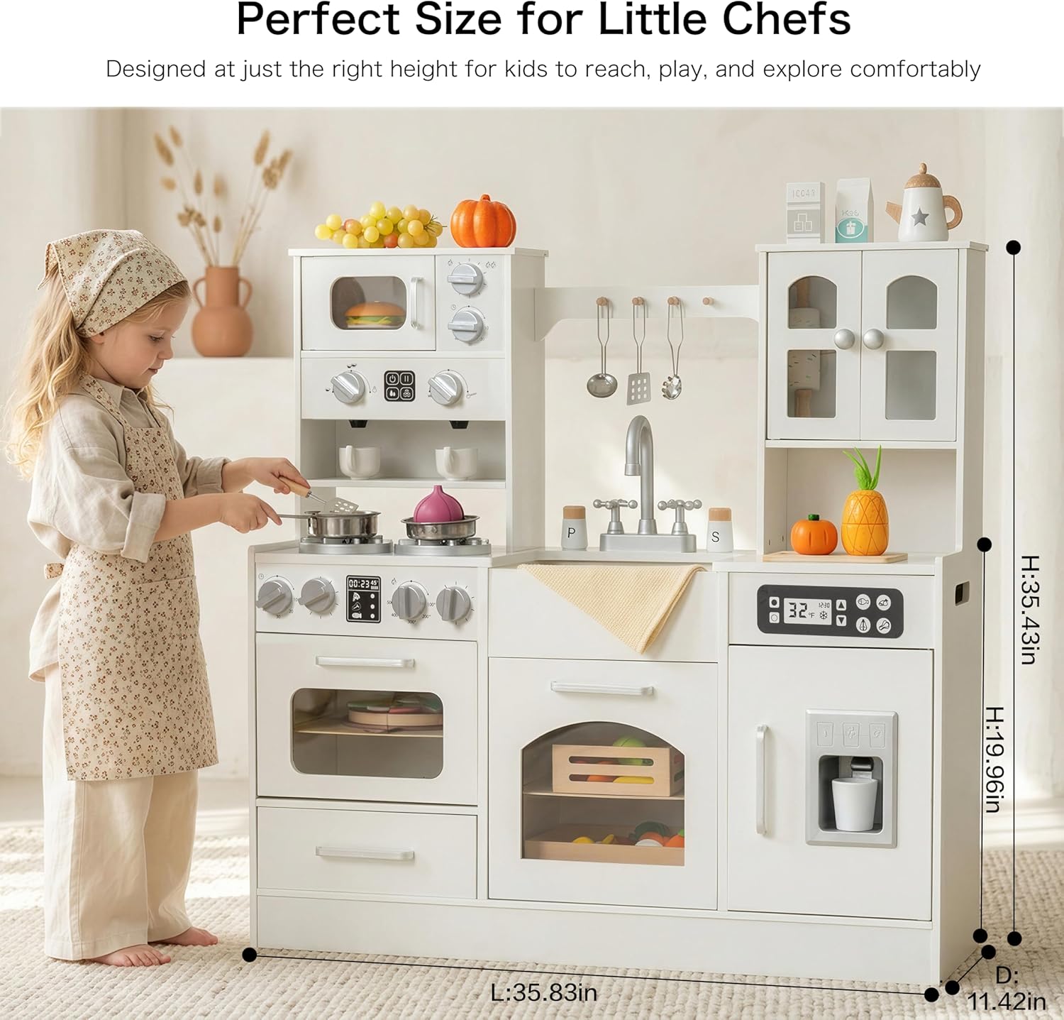 Wooden Play Kitchen for Toddlers and Kids with Lights & Sounds, Large Interactive Pretend Play Set with Ice Maker, Stove, Sink, Oven, 12 Accessories - Ages 3-8
