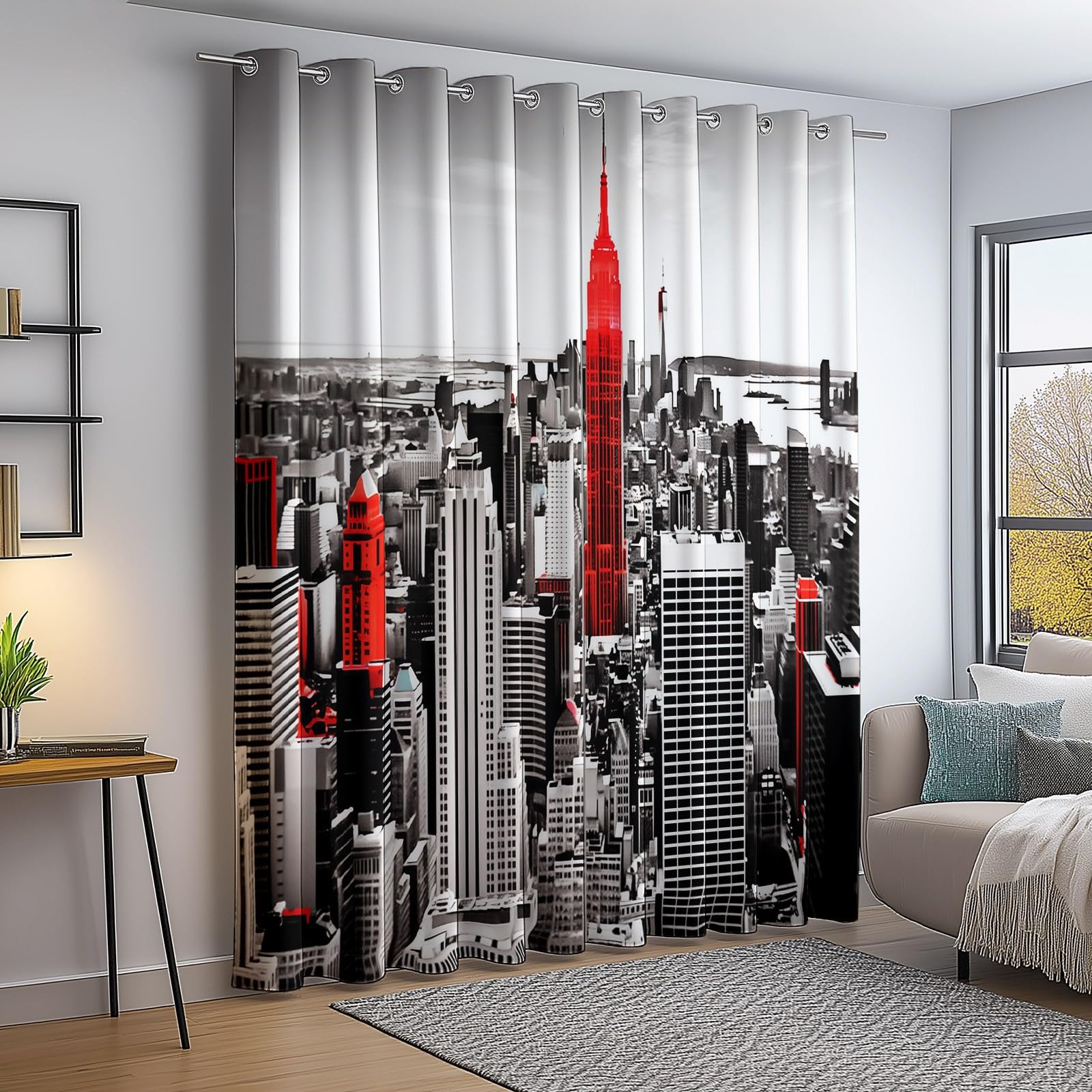 Rideau Occultant Motif Skyline Rétro de New York Gris Rouge, Rideau Thermique Isolant Anti Chaleur Tenture Opaque à Oeillets Isolation Anti UV pour Chambre Maison Salon, 140L x 250H cm (2 Panneaux)