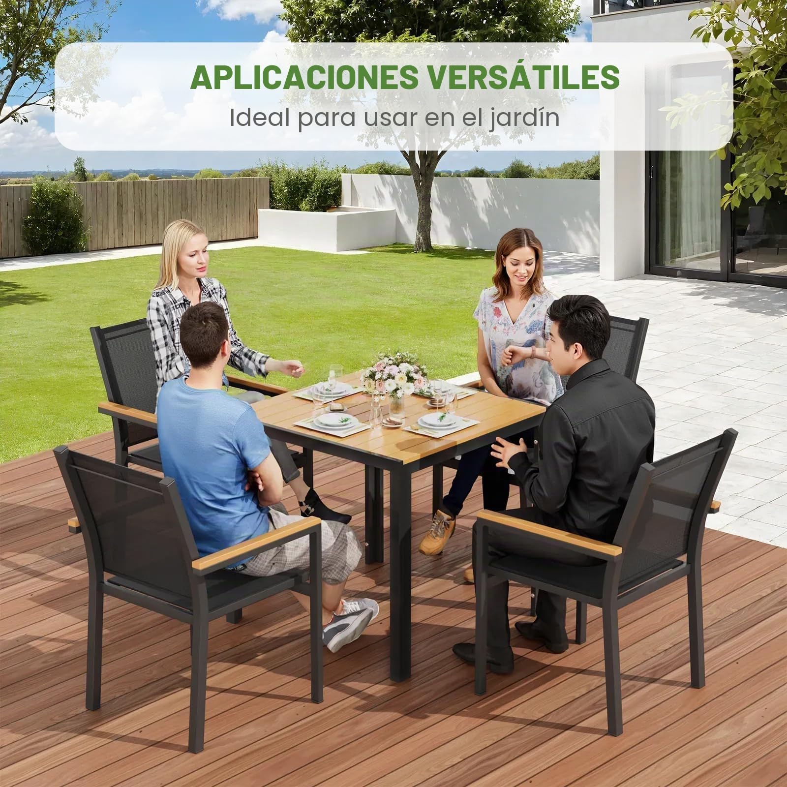 LIFERUN Mesa de jardín resistente a la intemperie, 75 x 75 cm, mesa de balcón de aluminio con tablero de WPC, mesa de comedor exterior para balcón y terraza, ligera, estable, cuadrada, color negro y
