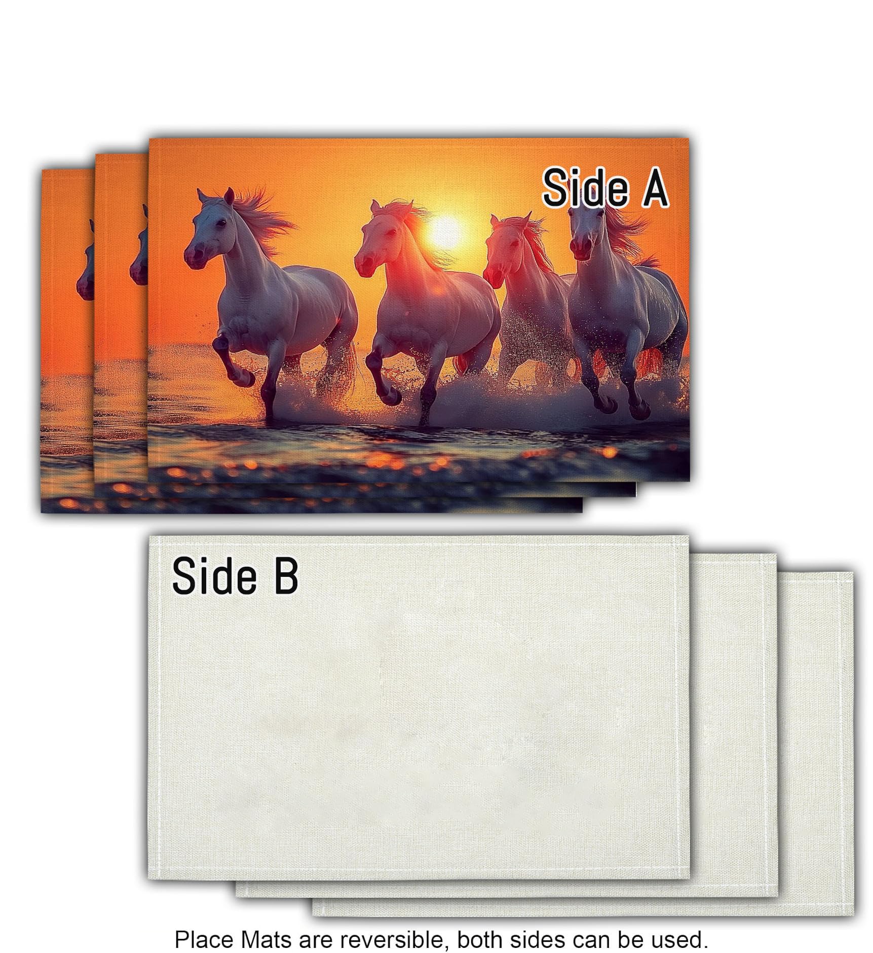Set di 8 Colazione Stoffa 30x45cm, Tramonto Spiaggia Cotone e lino Tovagliette Americane Lavabili, Tovagliette Cavallo per Primavera Vacanze Cucina Feste, Pasqua