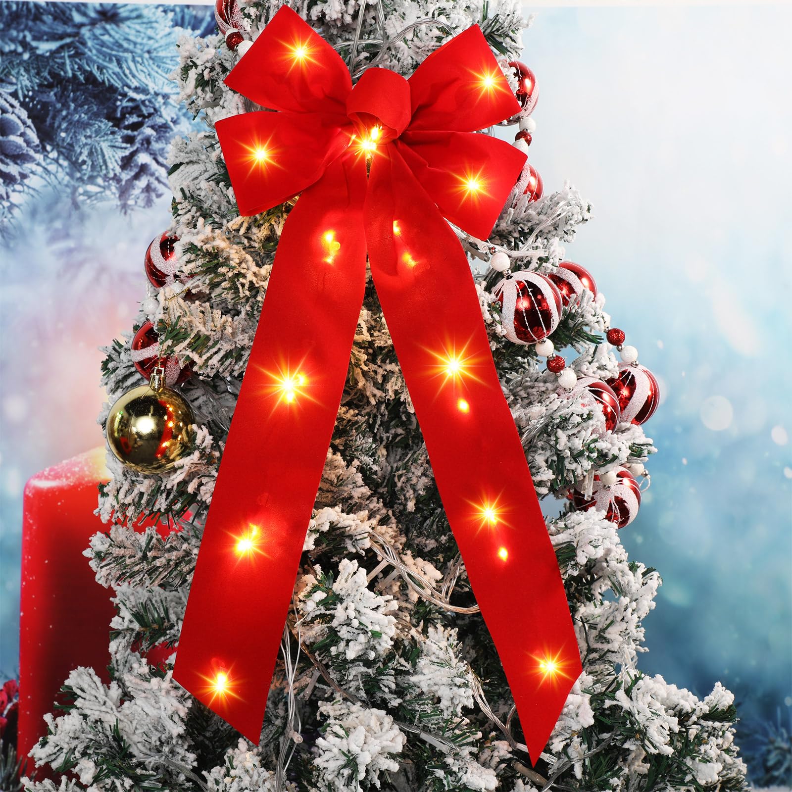 Crowye Lot de 12 nœuds de couronne de Noël à LED pour décorations d'extérieur - Nœuds de Noël en velours pour couronnes de Noël - Décoration de Noël (20,3 x 48,3 cm)