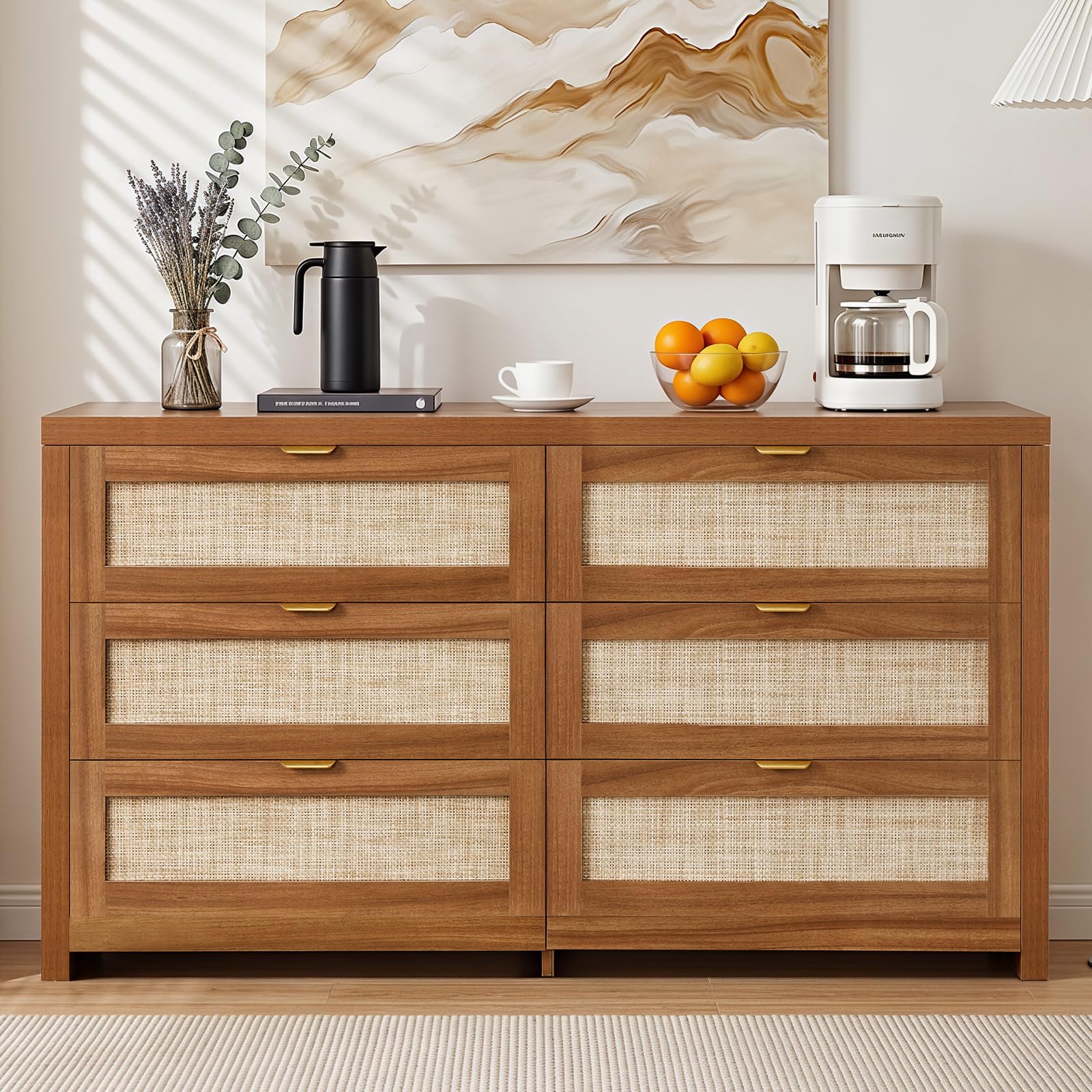 VEVOR Commode en rotin à 6 tiroirs, Meuble de Rangement avec poignées en métal, Organisateur de vêtements et Rangement bohème en Bois, Armoire pour Chambre à Coucher, Salon ou Couloir, Couleur Noyer