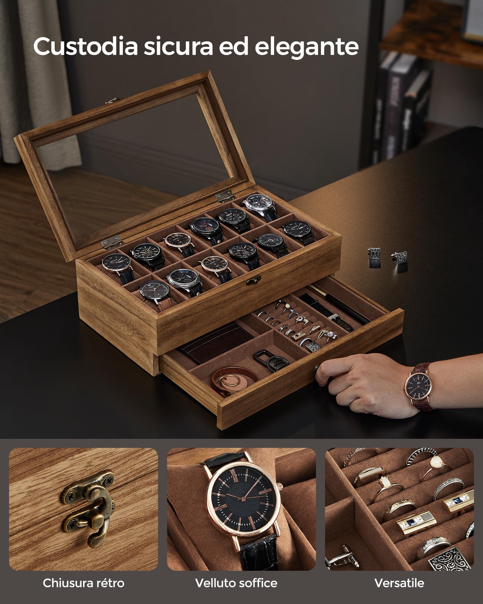 SONGMICS Porta Orologi a 12 Scomparti, Scatola Portaorologi a 2 Livelli, Coperchio in Vetro, con Cuscinetti, Fodera in Velluto, Idea Regalo, Noce Rustico JOW012K01