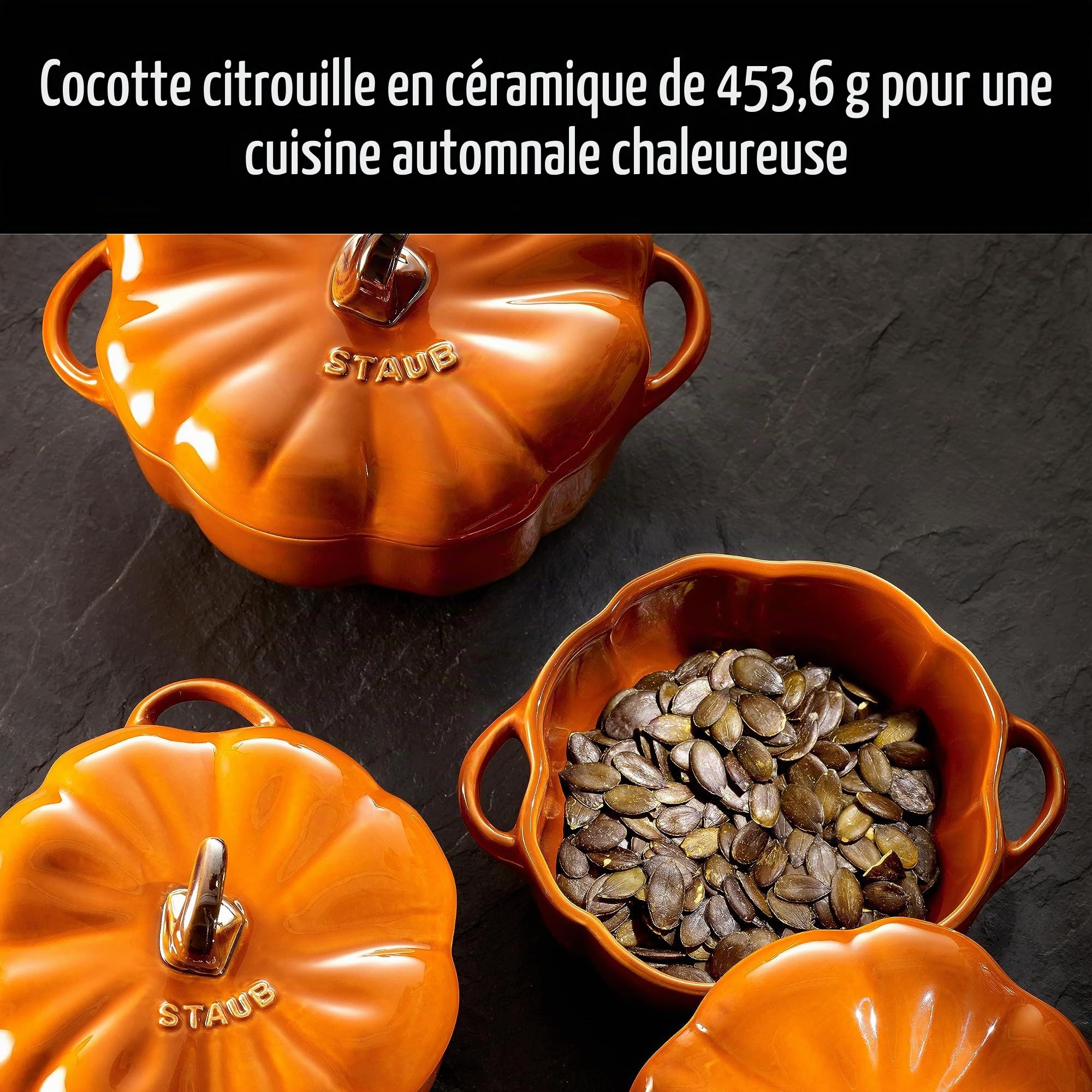 STAUB Petite céramique de 0,5 l, passe au four et à la cuisinière jusqu'à 300 °C, plat à citrouille, pâtisserie, moule à bonbons, orange brûlé