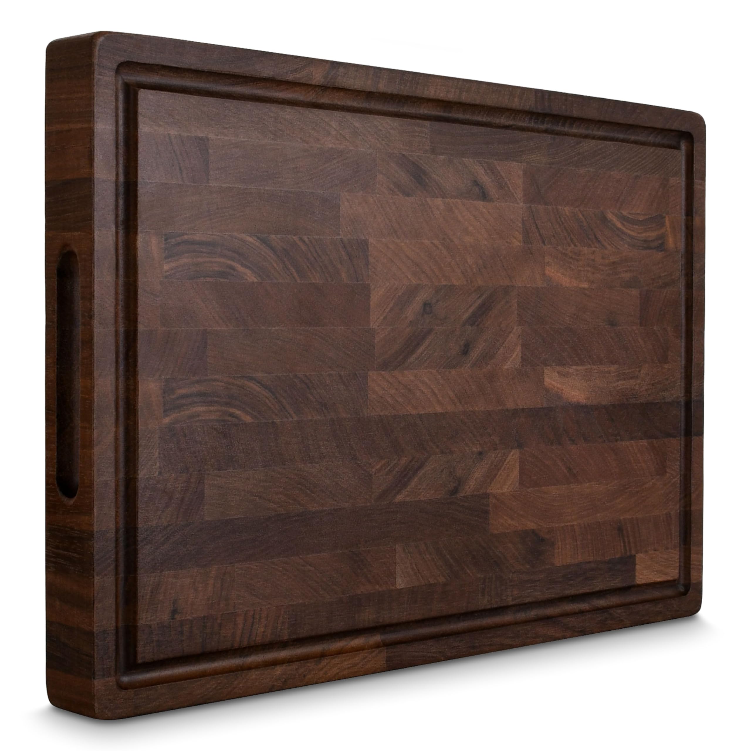 Schneidebrett aus Nordamerikanischem Schwarznuss-Holz – Massives Hirnholz – 40×27,5×3,5 cm – Extra Dick & Langlebig – Saftrille, Griffe & rutschfeste Füße – Inklusive Premium Holzpflegewachs