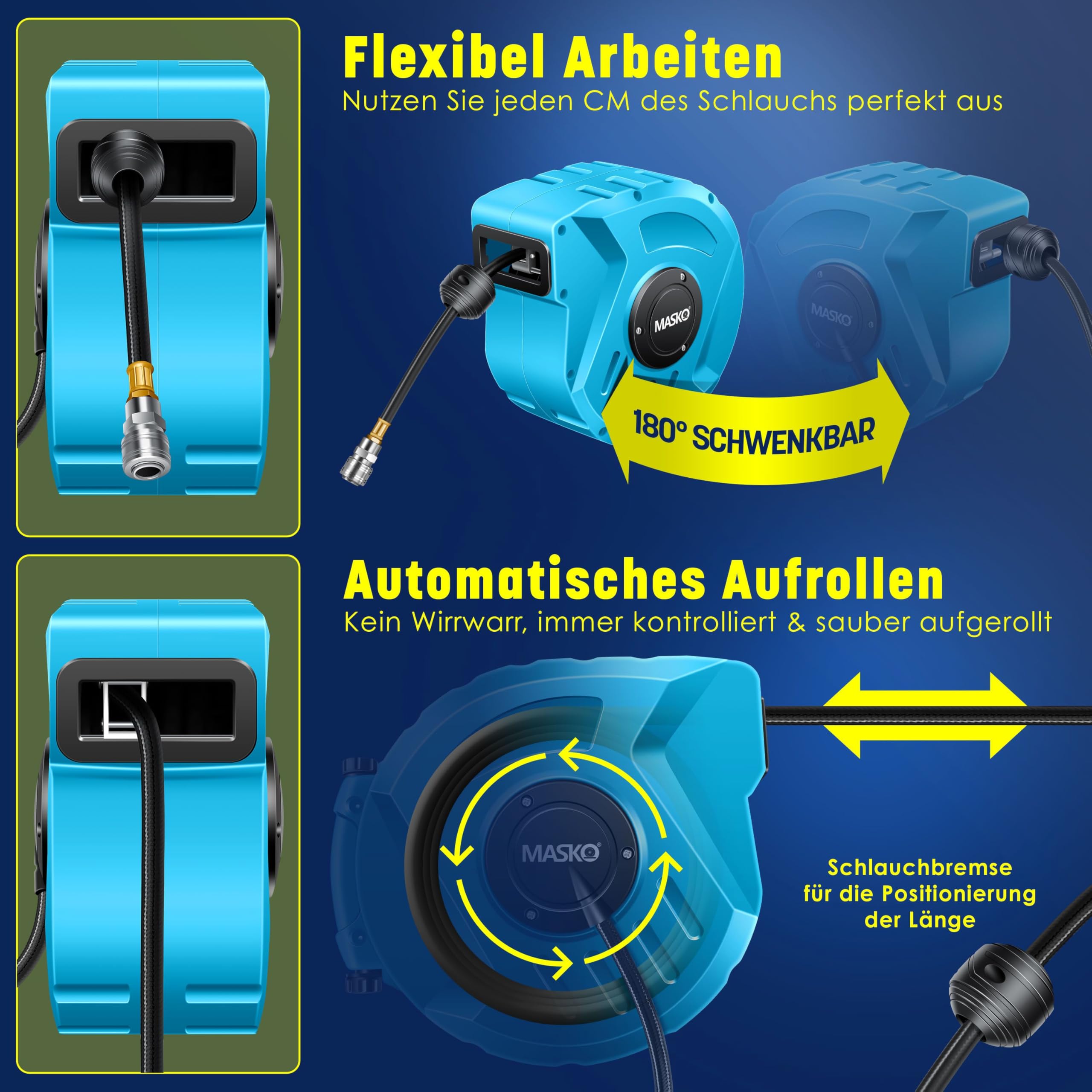 MASKO® Automatik Druckluftschlauch Aufroller 10m – Schlauchtrommel mit 1/4" Anschluss, Schlauchaufroller, Wandhalterung, Tragegriff, 180° schwenkbar, Schlauchbremse, vormontiert/sofort einsatzbereit