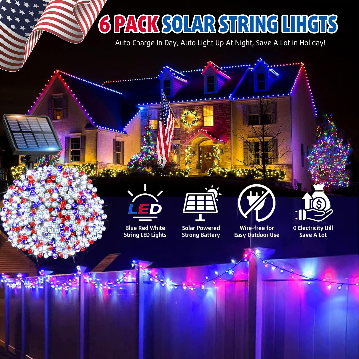 6-pak solarnych łańcuchów świetlnych na zewnątrz, 100 diod LED, na zewnątrz, wodoszczelne IP65, zasilane energią słoneczną, lampki solarne na podwórko, do ogrodu, na taras, drzewo, 6 szt