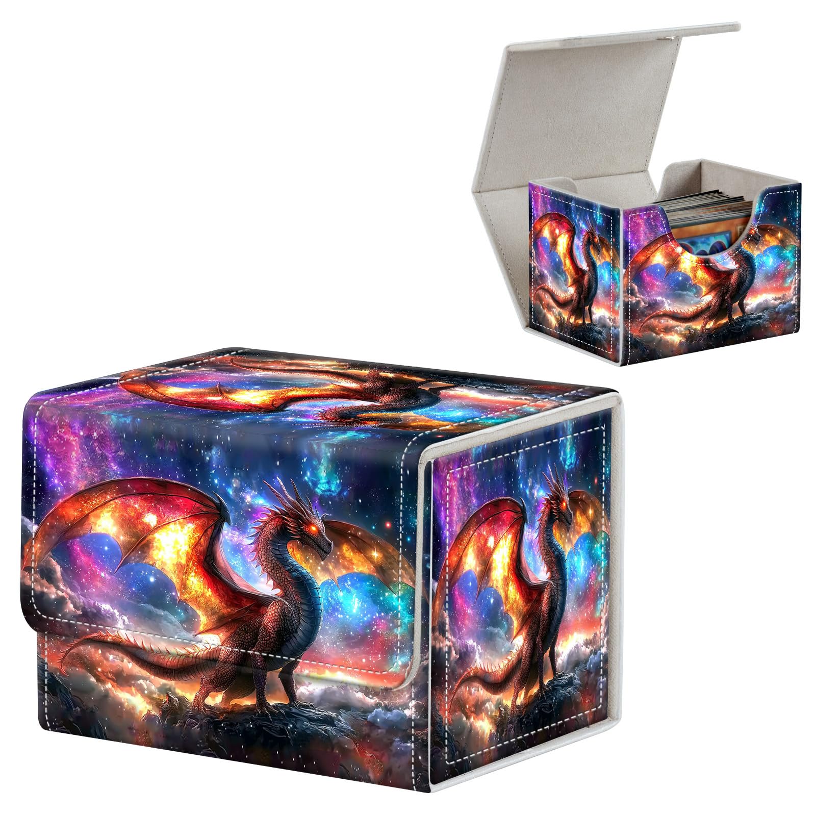 FUYOCWE Card Deck Box,MTG Commander Deck Box 100+ Double Sleeved Cards Storage,Magnetic Snap Leather Trading Card Case Oragnizer for TCG/CCG/Magic/Sports Cards-Fantasy Medieval Dragon — image 1
