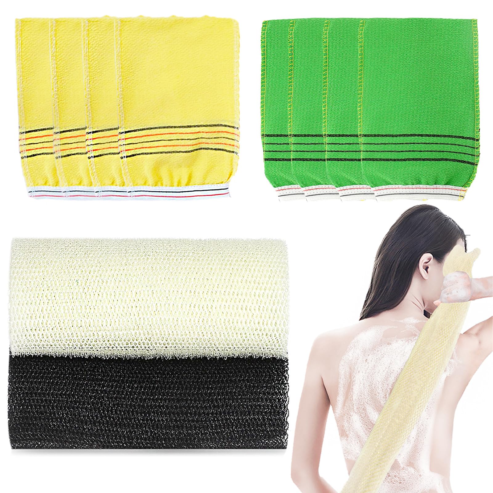 KEYRI 4 Pares de Manoplas de Baño 2 Redes de Baño, Manopla Exfoliante Guantes de Ducha Escarchados Exfoliante Ducha Scrub Esponja de Baño de Red Africana Baño Accesorios (Guante de Baño + Red de Baño)