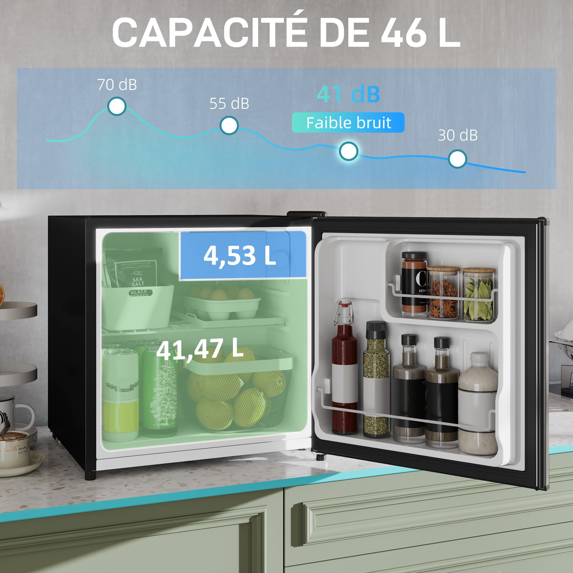 HOMCOM Réfrigérateur congélateur 46 L, mini frigo 41,5L+4,5L, silencieux, porte réversible, argenté