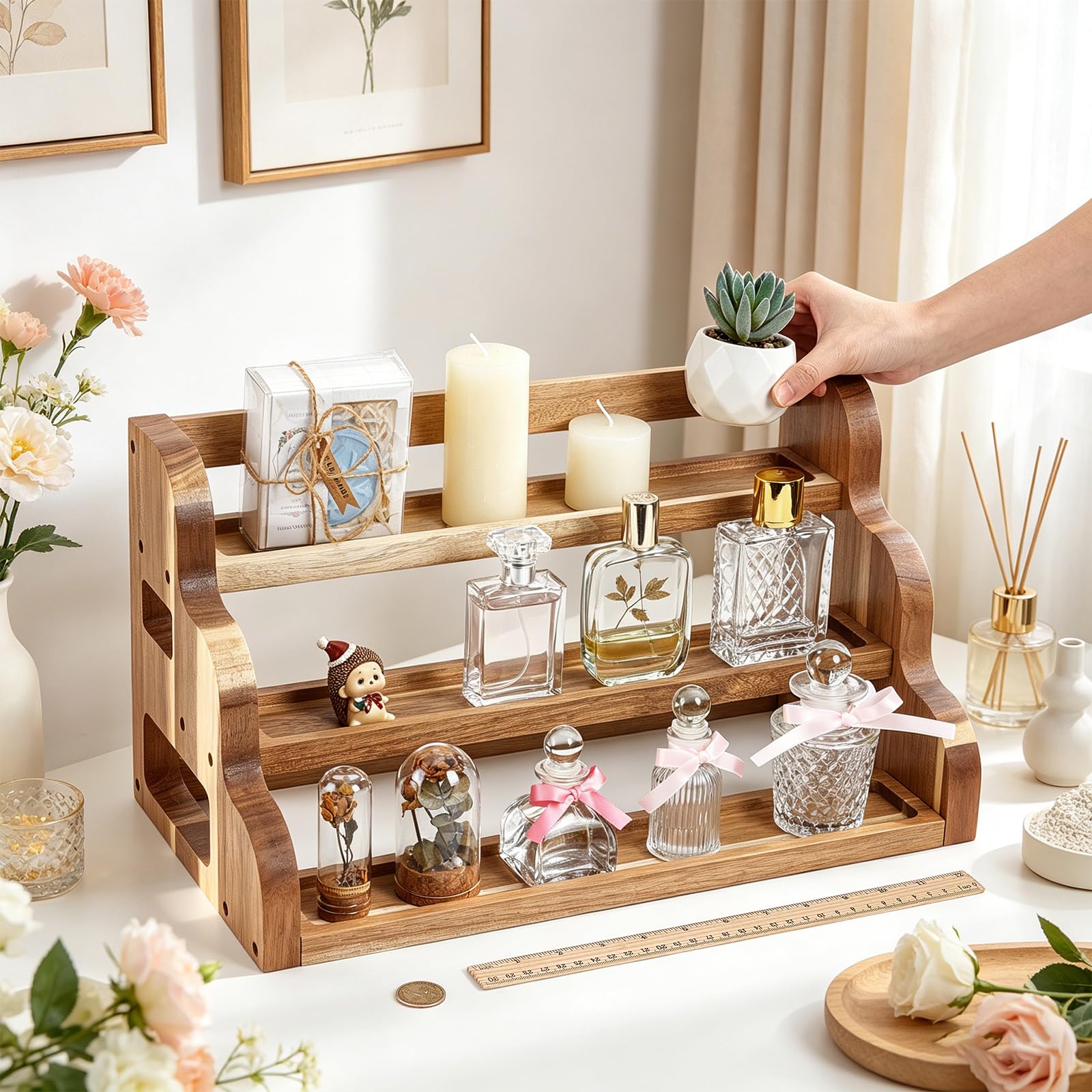 Étagère à épices en bois d'acacia, étagère à épices à 3 étages pour armoire, étagère de rangement en bois pour plan de travail de cuisine ou garde-manger
