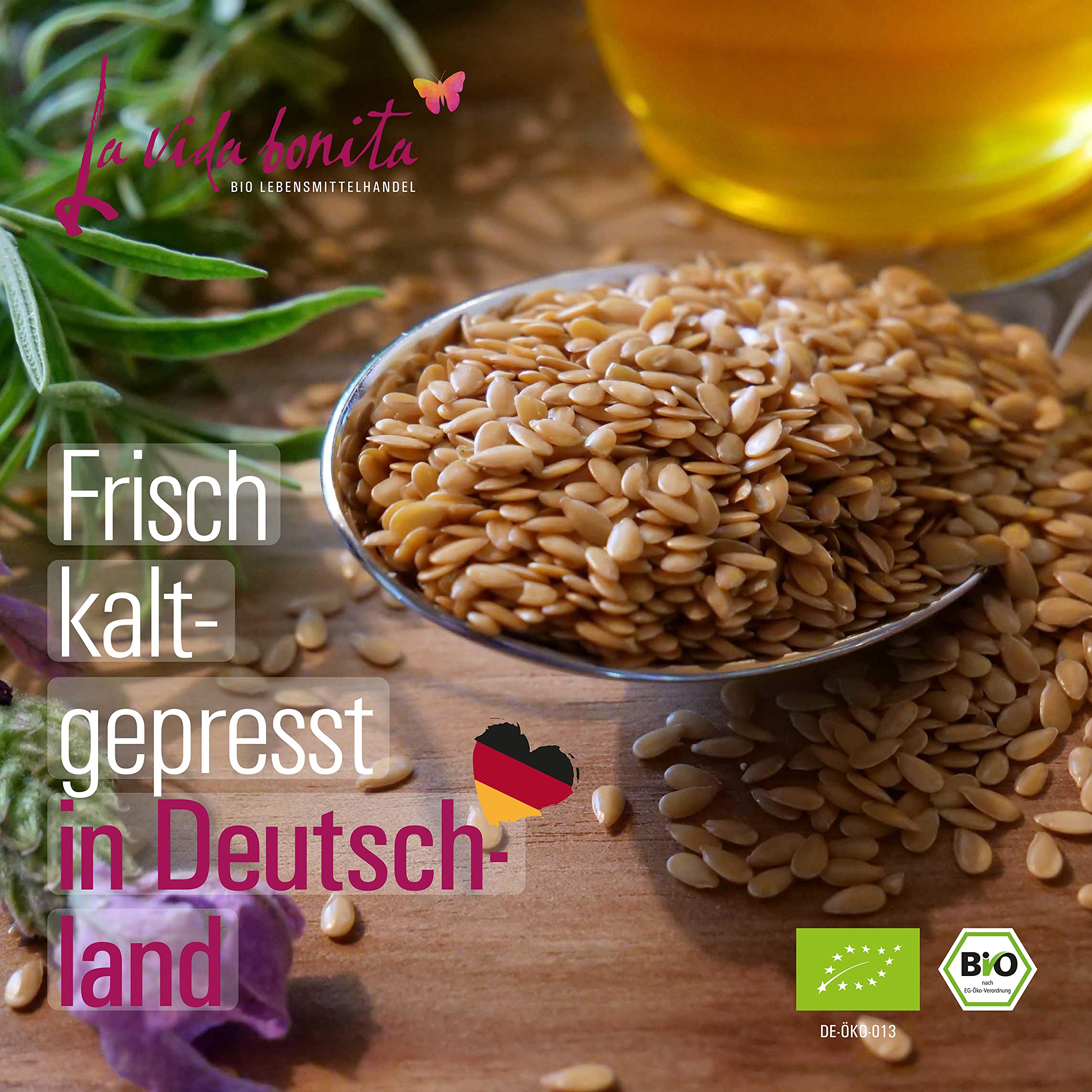 Bio Leinöl kaltgepresst PUR | DOPPEL-Pack 2x 750 ml | 100% frisch aus 1. Pressung in Deutschland I Reich an Omega-3-Fettsäuren | vegan, Rohkost, laktosefrei & glutenfrei, zuckerfrei