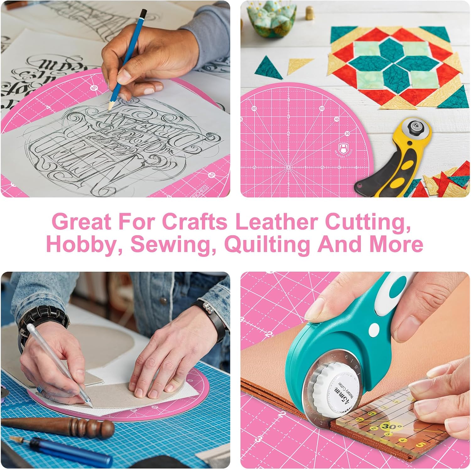 Headley Tools 10"x10" Round Rotating Cutting Mat, Self Healing Mat with 360-Degree Rotation & Anti-Slip Base, Sewing Board Cutting Mat Perfect for Fabric Quilting Leather Hobby Project, Pink