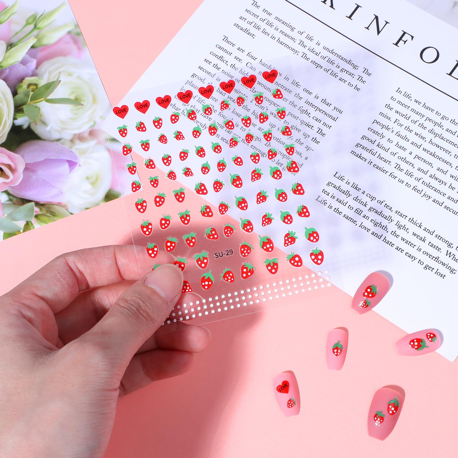 Nagelsticker Erdbeere & Kirsche – Mit Strass, Herz, Schleifen, 5D Design, Selbstklebend (2 Blätter)