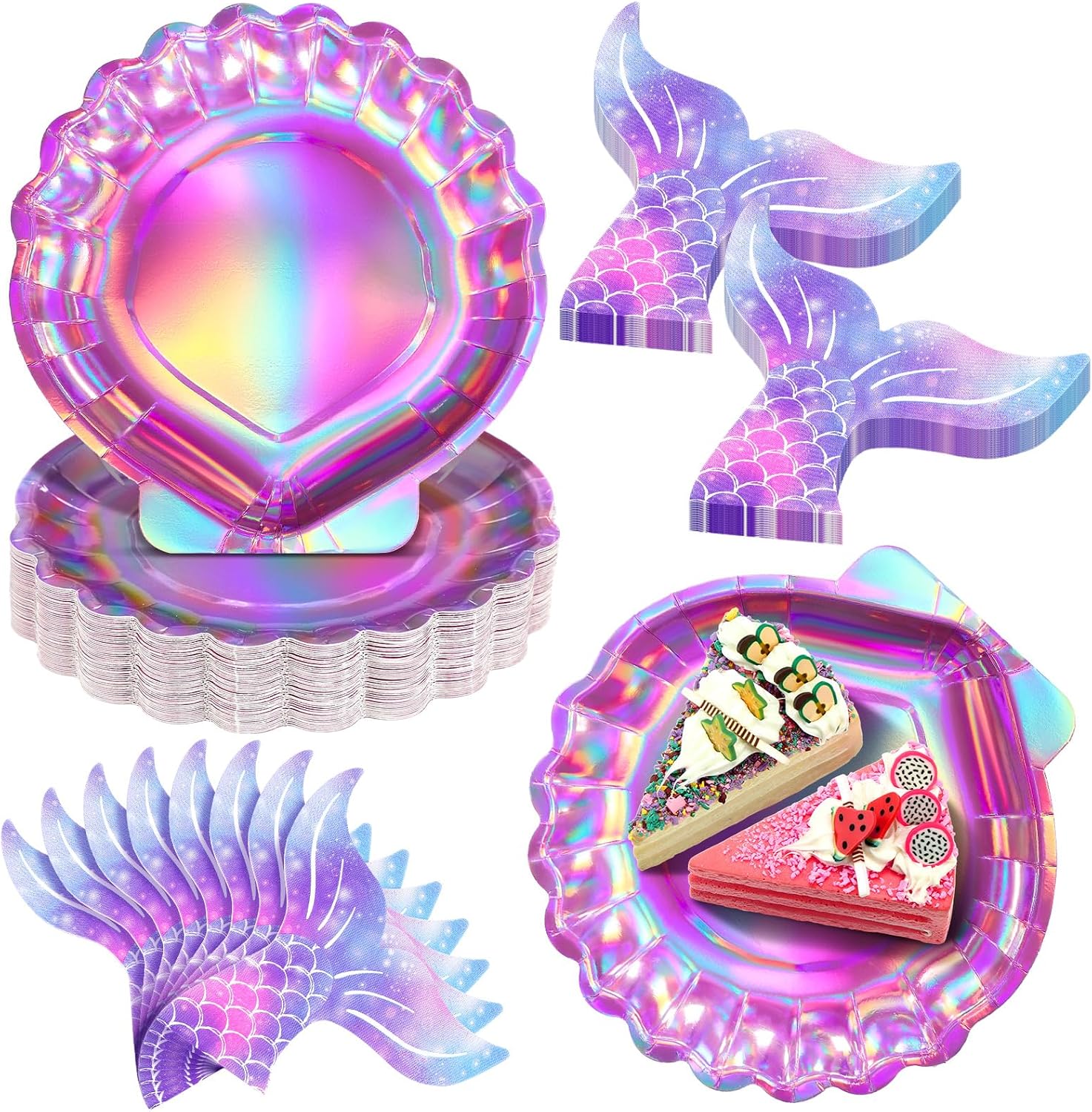 Qeeenar 100 Pcs Mermaid Plates and Napkins, Mermaid Party Supplies, Seashell Scalloped Paper Plates Holographic Tail Napkins Under Ocean Party Decorations for Iridescent Birthday Baby Shower, Serve 50