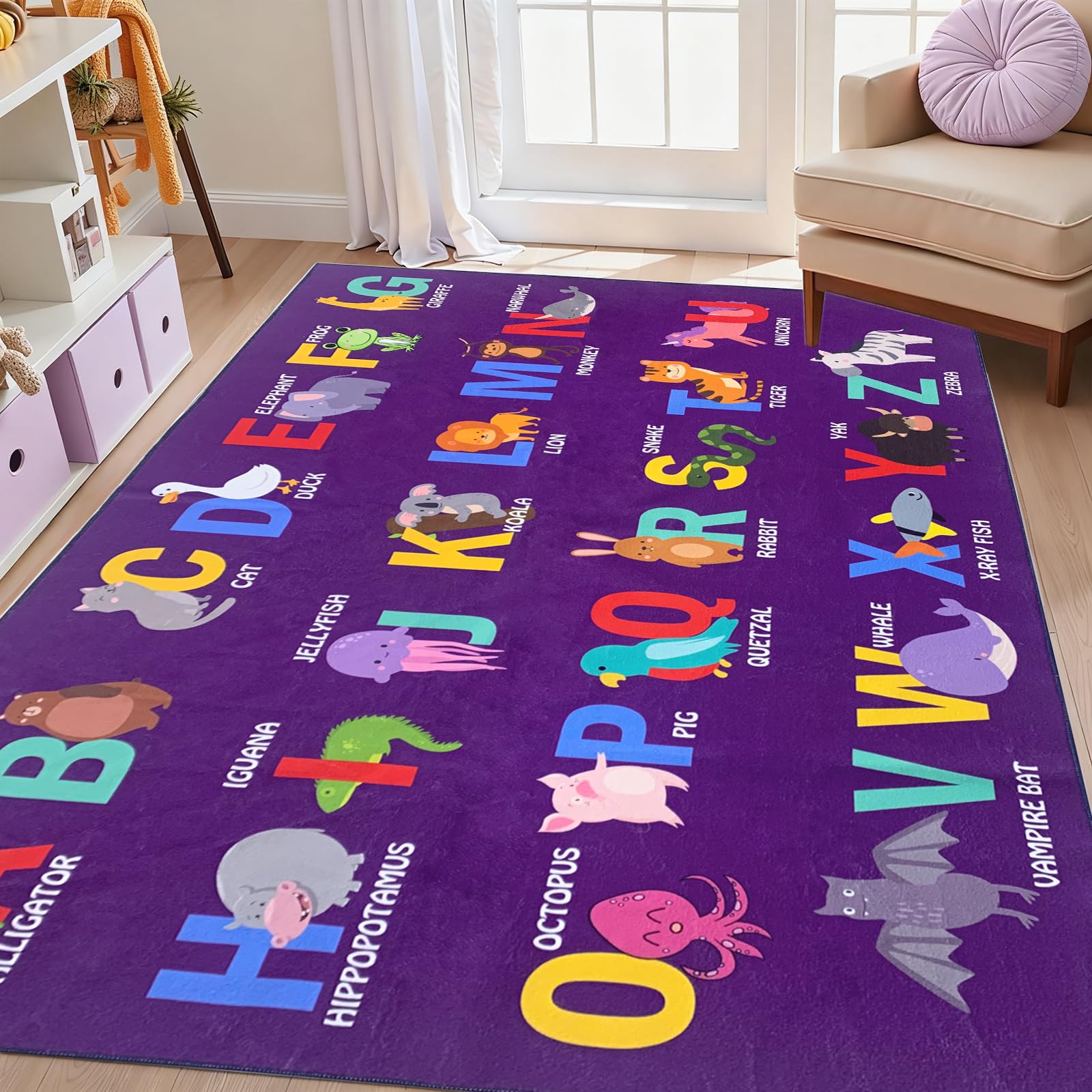USTIDE ABC Alphabet Kids Rug 120x180cm Purple Cute Animal Letter Area Rug Non Slip Washable Cartoon Floor Mat for Classroom Playroom Bedroom Living Room