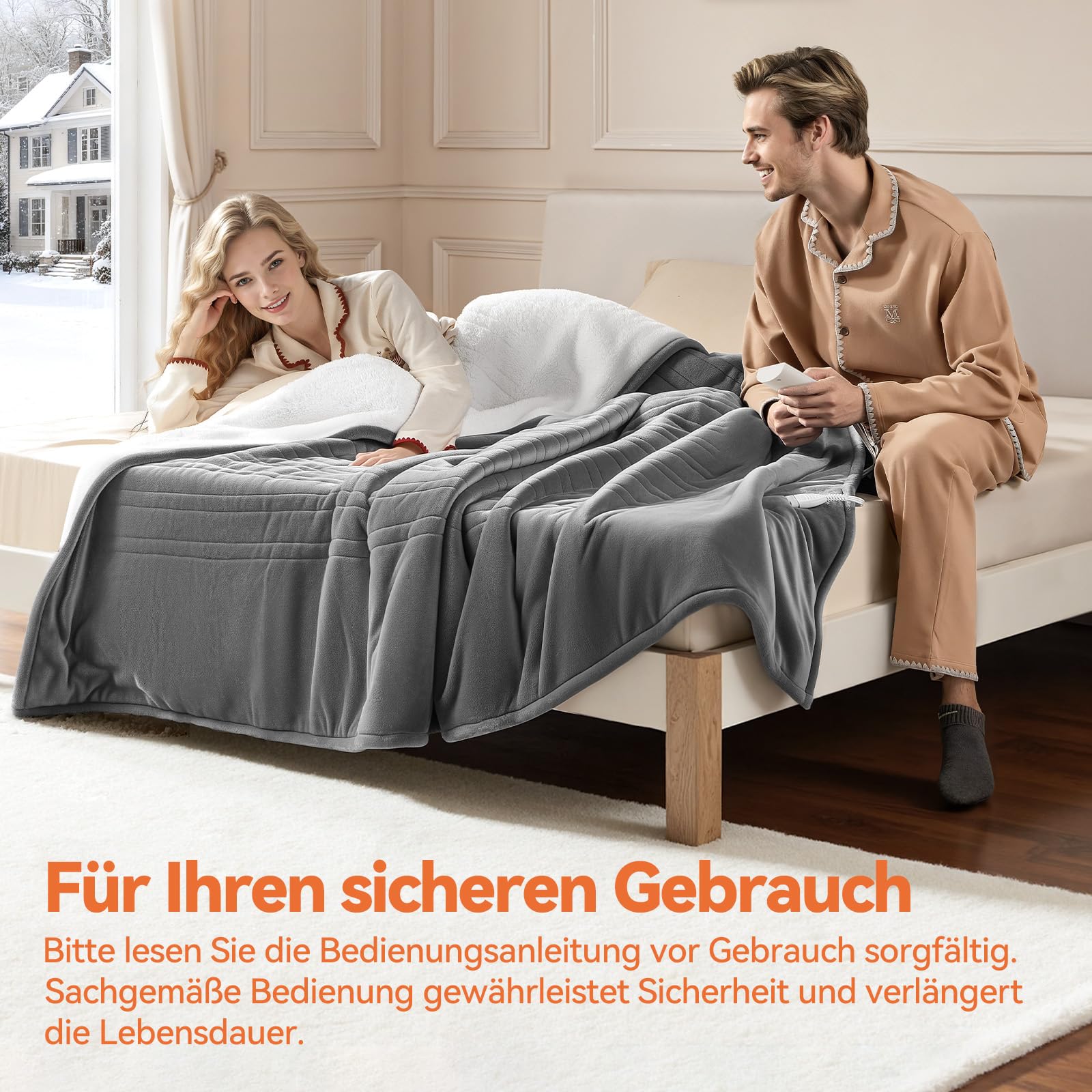 Heizdecke mit Abschaltautomatik & 9-Fach Wärmezonen 160x120 cm, 1-9h Timer mit Memory-Funktion, Schnellwärme & Gleichmäßige Wärme, Doppelseitig Flanell & Schaffell wärmedecke elektrisch