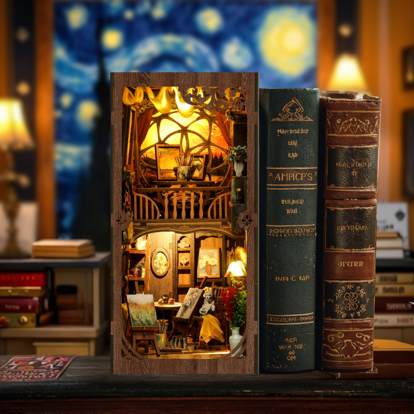 Kit fai da te, 344 puzzle in legno 3D, in miniatura, libreria, decorazione con lampada a LED, set fai da te per adulti, casa delle bambole fai da te (mondo nella cornice)