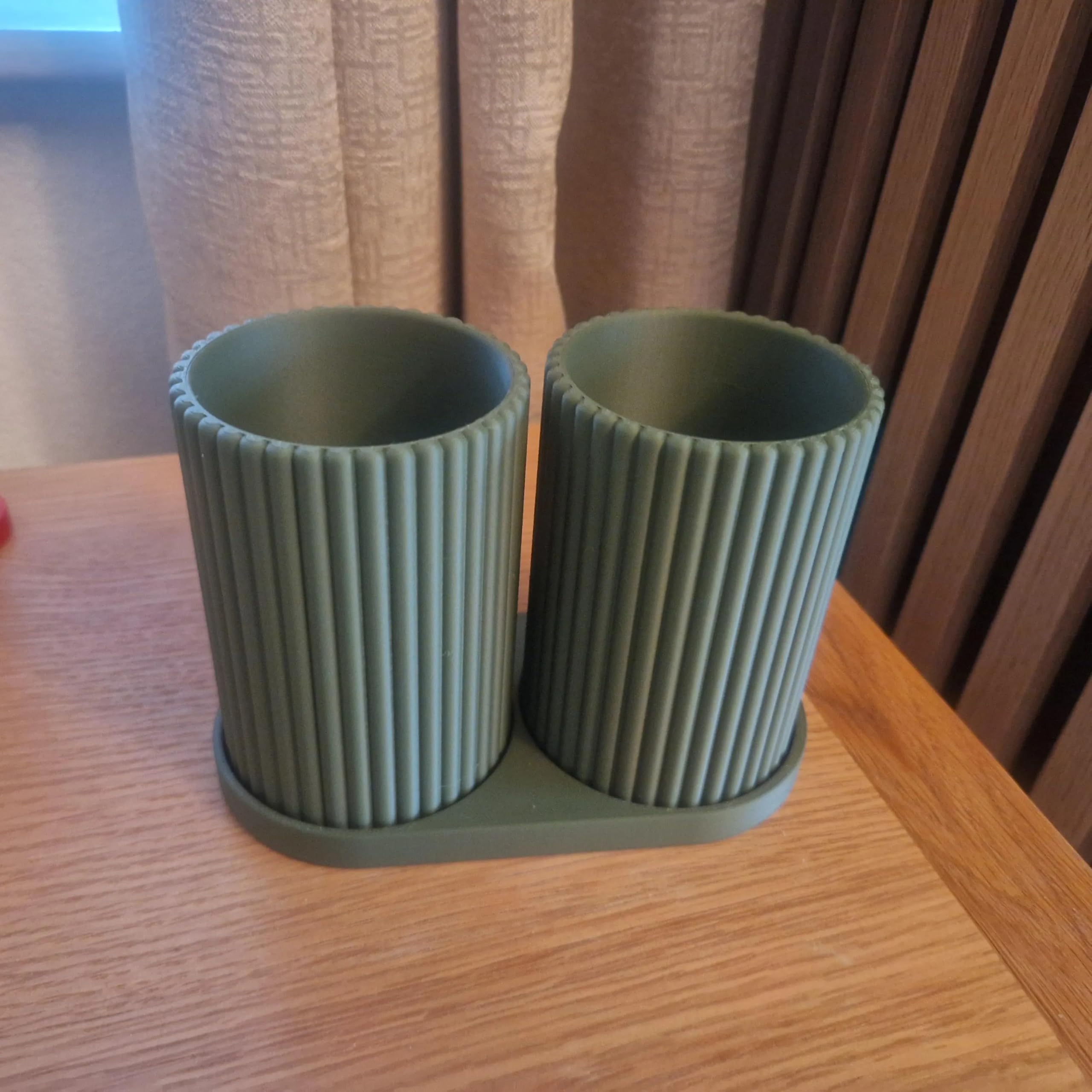 Ribbed Double Toothbrush Holder Set (Matt Dark Green)
