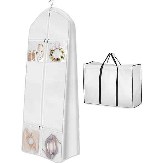 MISSLO Portable 70" Wedding Dress Garment Bag with Bride Tote Bag 8'' Gusseted Dress Bags for Gowns Long 4 Pockets Dress Cover for Women, White