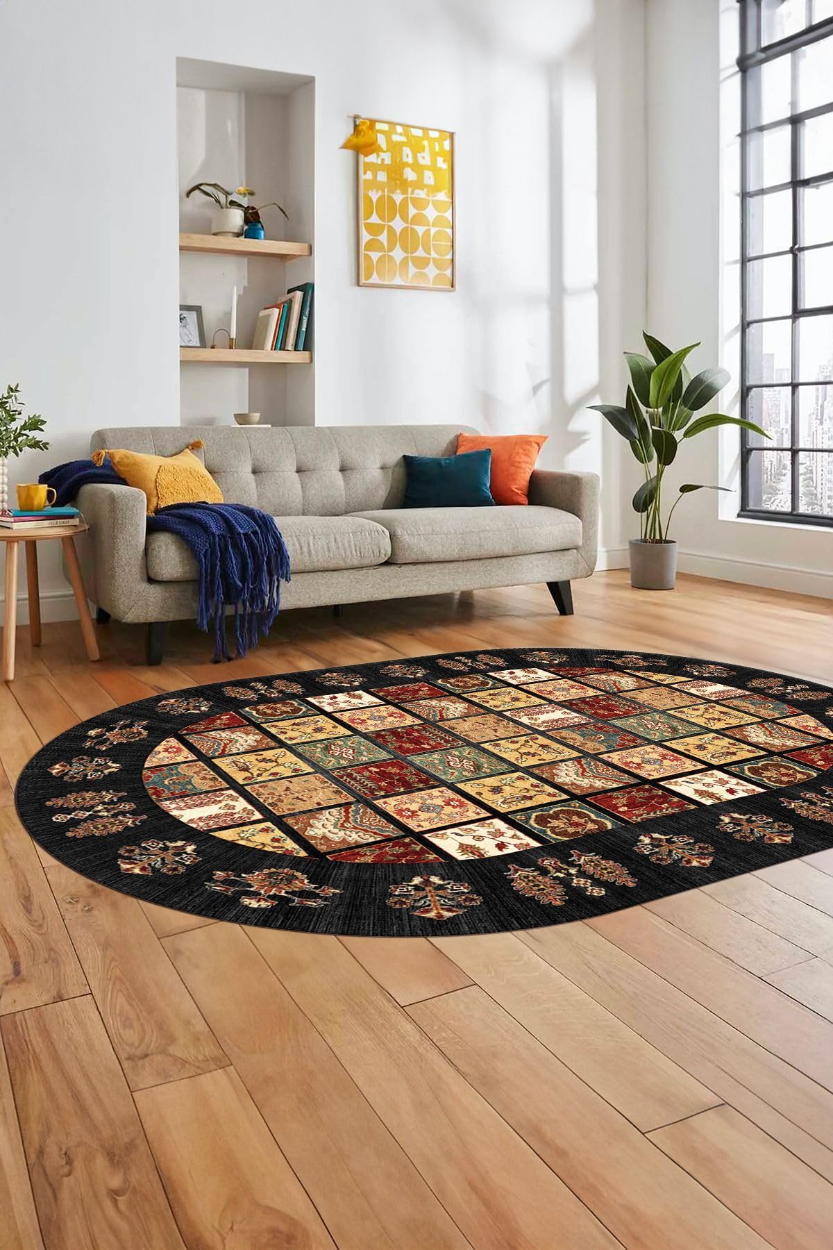 Evdeya Yeni Etnik Desen Kaymaz Taban Yıkanabilir Oval Yolluk Mutfak Salon Koridor Halısı O-ETNİK-18, Antrasit, 160 x 250