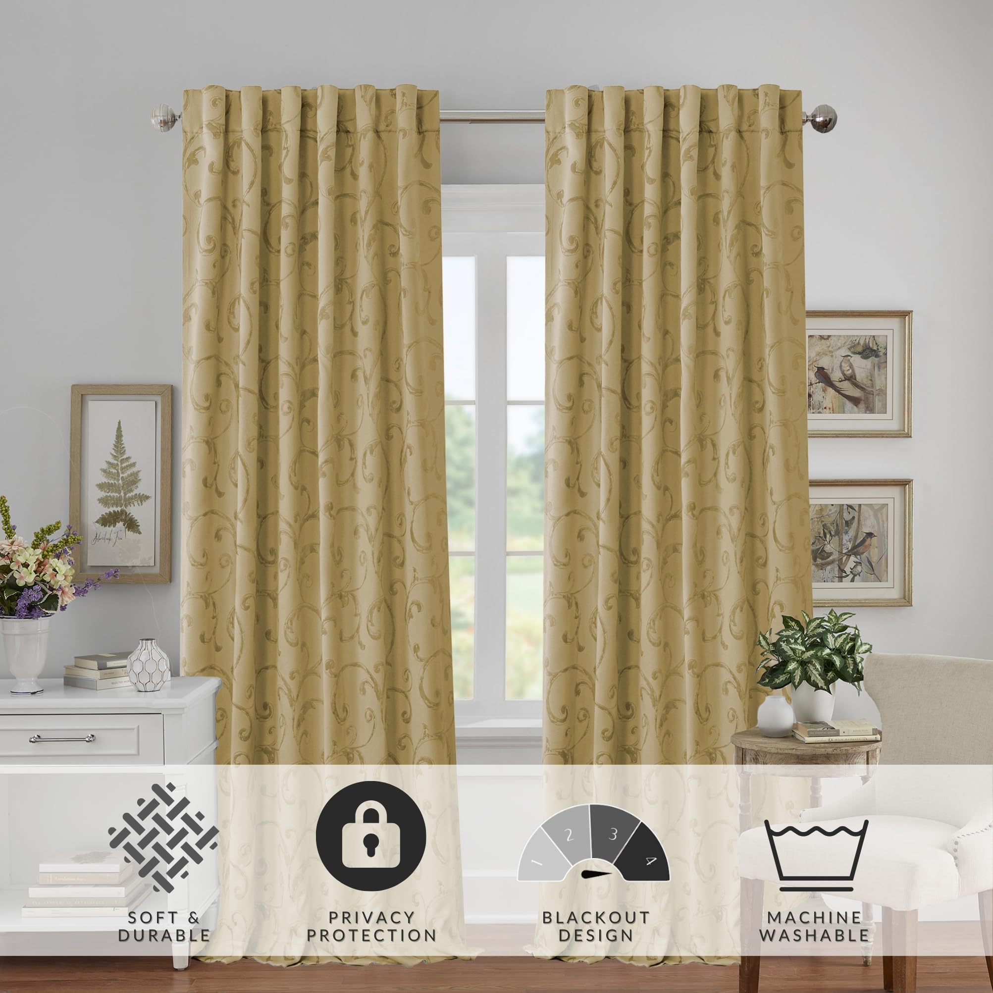Elrene Home Fashions Mia Rideau de fenêtre occultant Jacquard à volutes, 132,1 x 241,3 cm (1 Panneau), doré