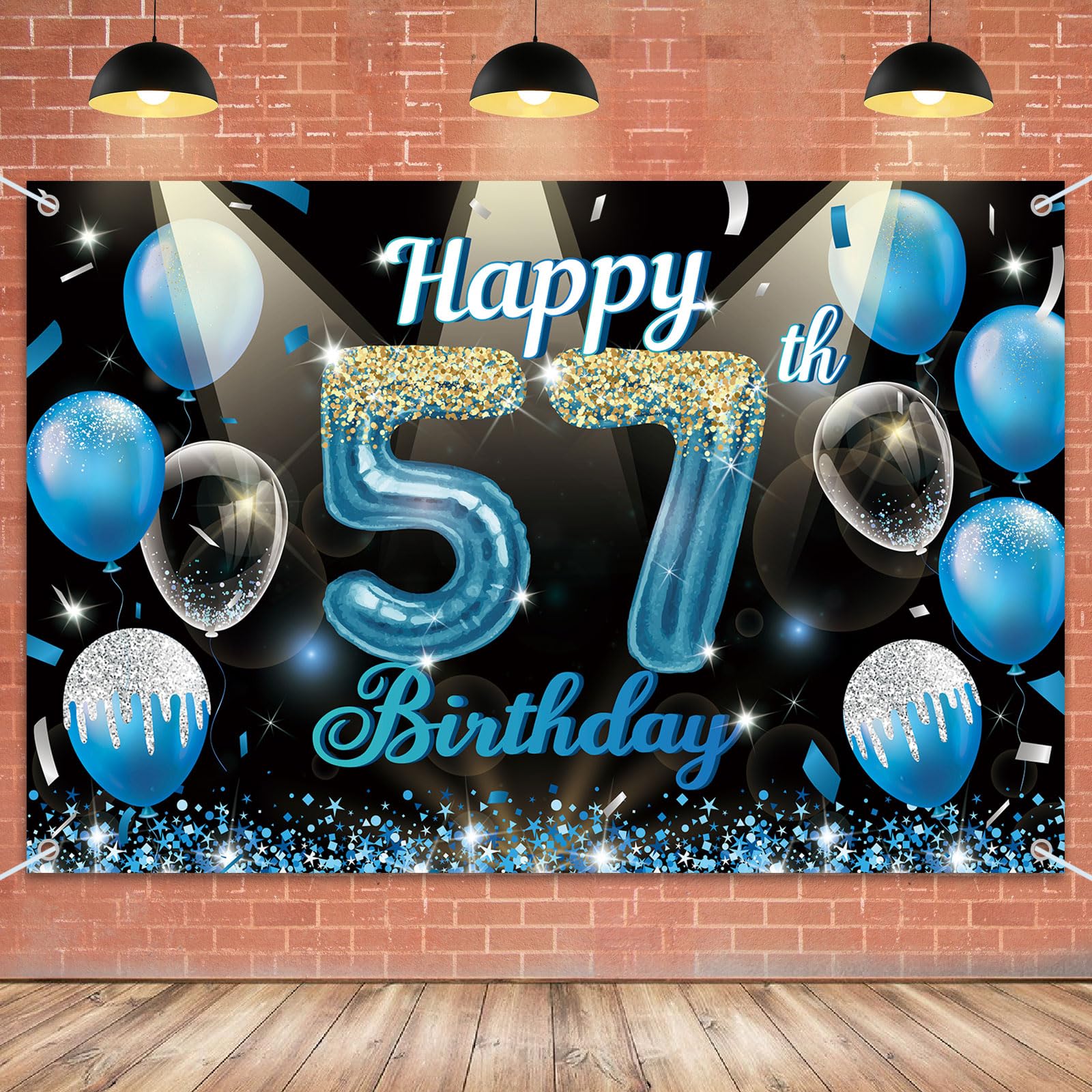 Happy 57th Birthday Backdrop Banner Blue Balloon Number 57 Years Old Photo Booth Background Premium Vinyl Banner for Indoor/Outdoor Parties, Women Men