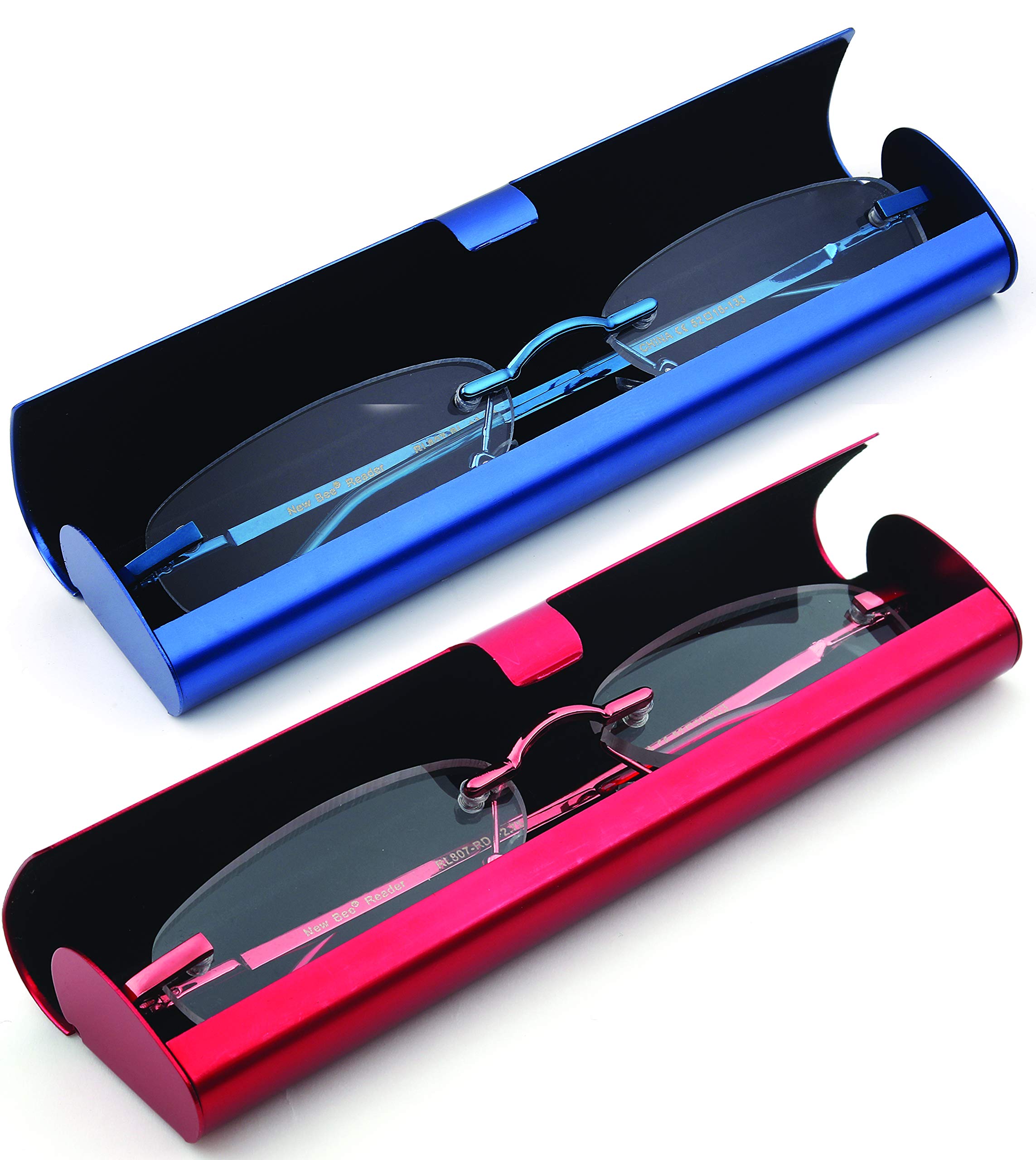 Newbee Fashion - Kompakte und tragbare Lesebrille im Aluminiumgehäuse, rechteckig, superleichte rahmenlose Lesebrille, schlankes Design, bequeme Passform, 2 Stück, Blau und Rot 3.00