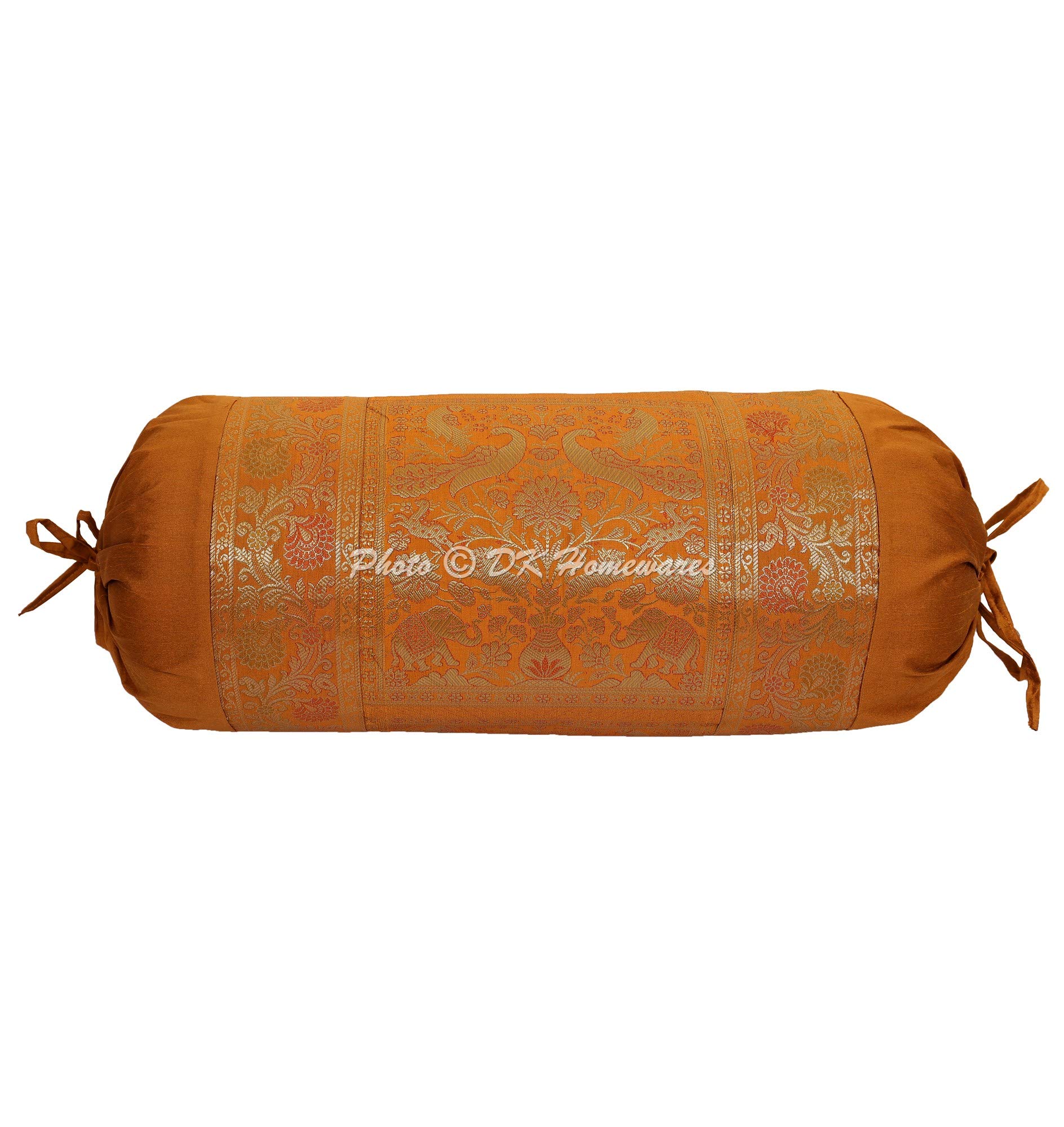 DK HomewaresIndian Jacquard Brocade Silk Bolster Throw Pillow Covers for Bed Cylindrical Hotdog Brown Yoga Masand Home Decor Living Room Elephant Traditional Throw Cushion Cover 76x38 cm - 1 Pc